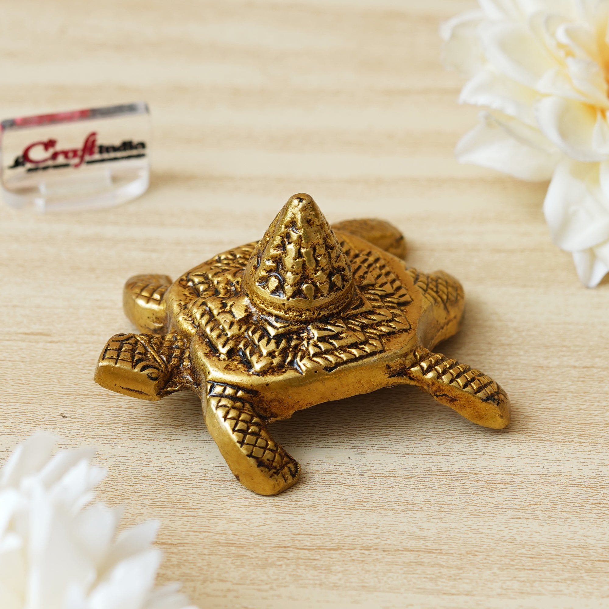 Golden Brass Meru Shree Yantra on Tortoise Statue Showpiece for Home, Office, and Temple - Bring Good Luck - Gift for Festive Occasions