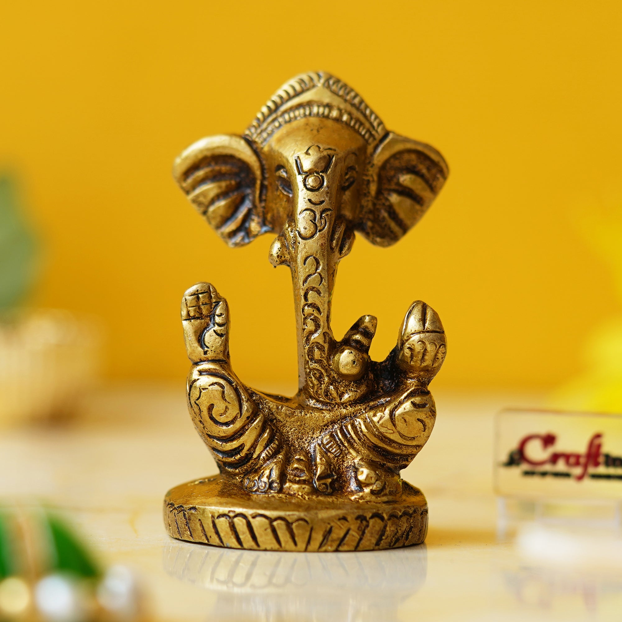 Golden Brass Blessing Lord Ganesha Idol Murti - God Statue for Car Dashboard, Home Decor, Office Desk, Temple Mandir