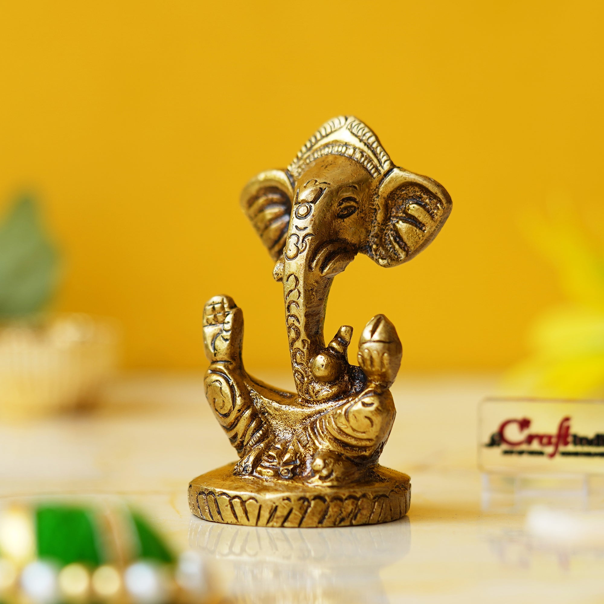 Golden Brass Blessing Lord Ganesha Idol Murti - God Statue for Car Dashboard, Home Decor, Office Desk, Temple Mandir 1