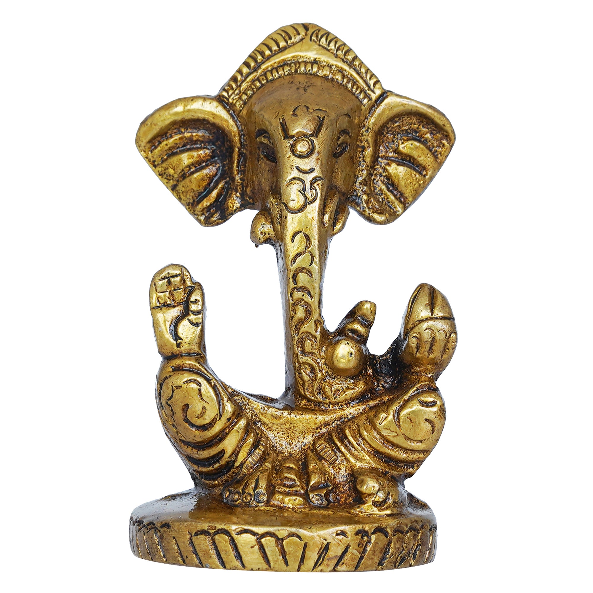 Golden Brass Blessing Lord Ganesha Idol Murti - God Statue for Car Dashboard, Home Decor, Office Desk, Temple Mandir 2