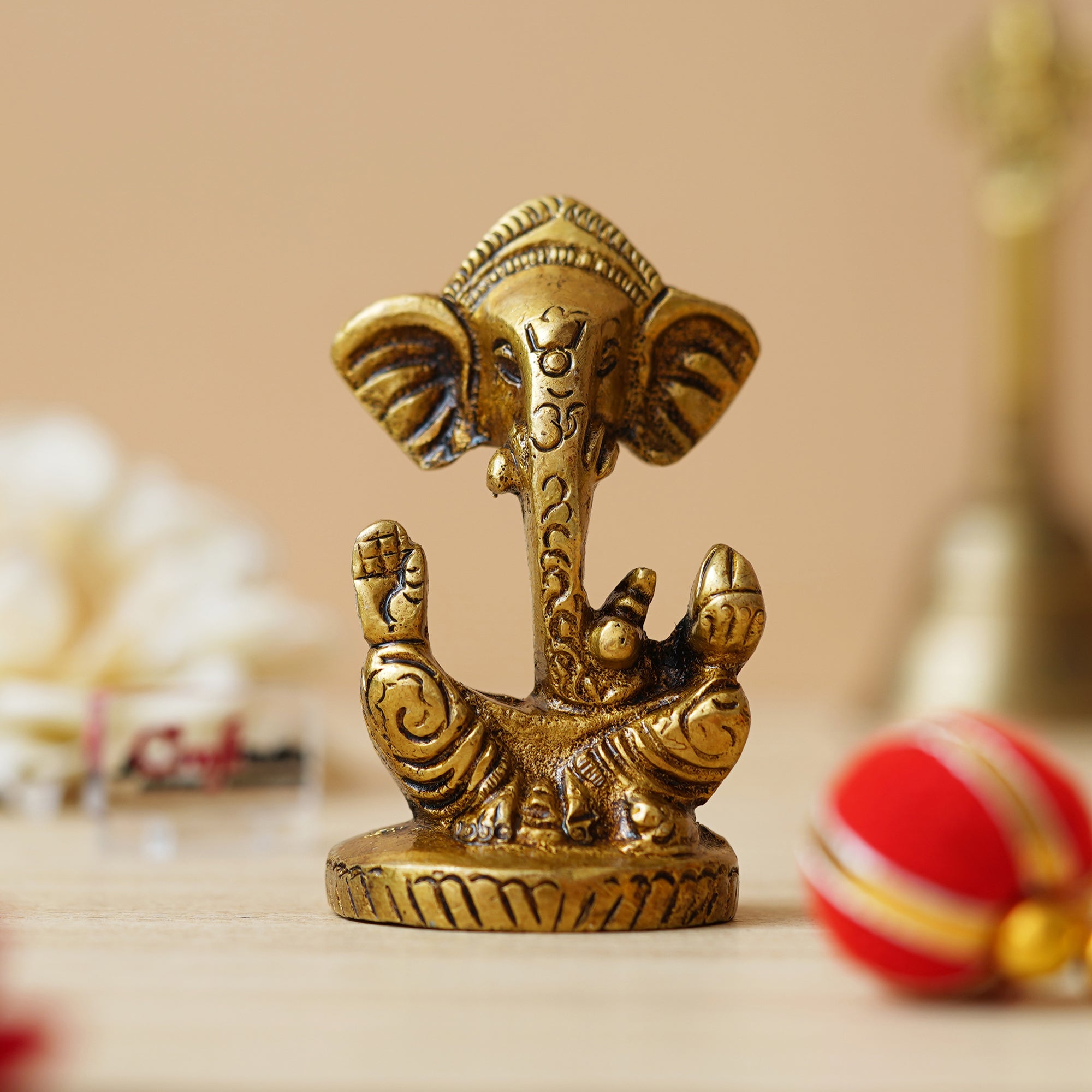 Golden Brass Blessing Lord Ganesha Idol Murti - God Statue for Car Dashboard, Home Decor, Office Desk, Temple Mandir 4
