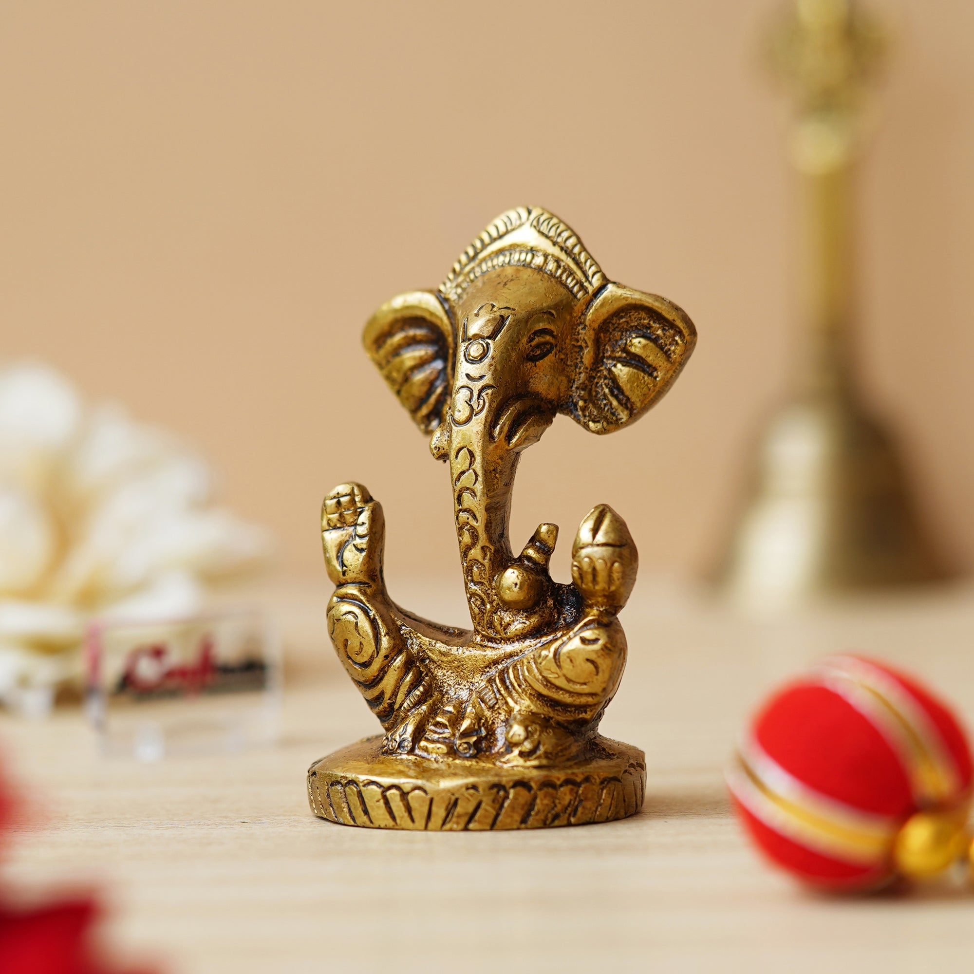 Golden Brass Blessing Lord Ganesha Idol Murti - God Statue for Car Dashboard, Home Decor, Office Desk, Temple Mandir 5