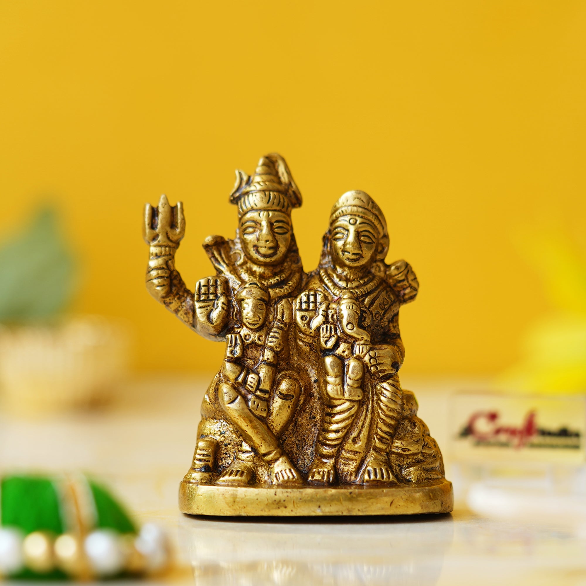 Golden Brass Shiv Parivar Murti Idol - Lord Shiva, Parvati, Ganesha, Kartikeya Statue for Home Temple, Car Dashboard