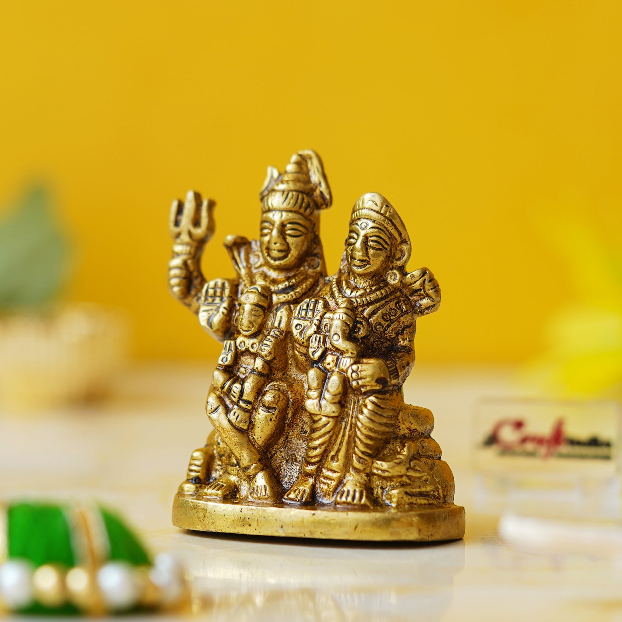Golden Brass Shiv Parivar Murti Idol - Lord Shiva, Parvati, Ganesha, Kartikeya Statue for Home Temple, Car Dashboard 1