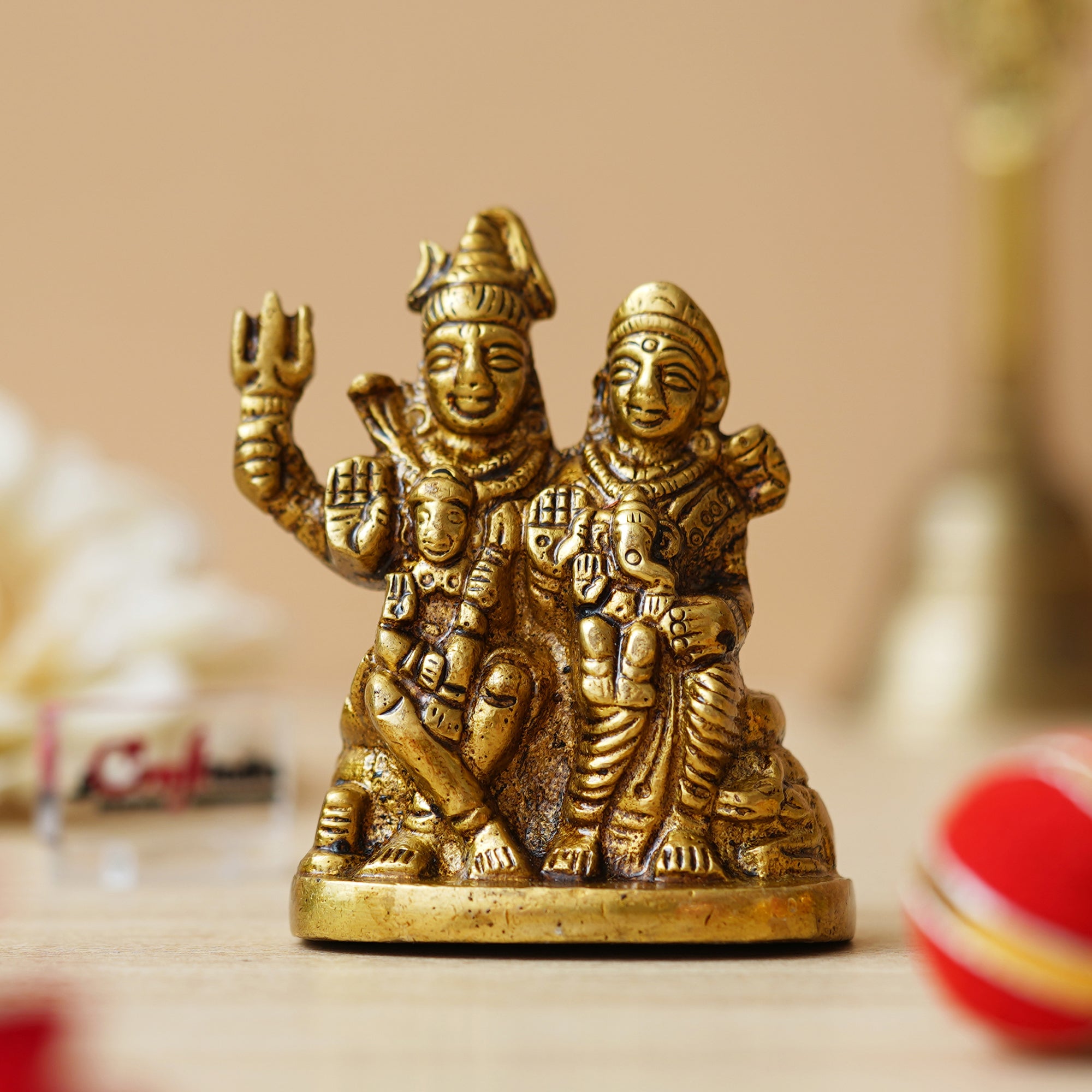 Golden Brass Shiv Parivar Murti Idol - Lord Shiva, Parvati, Ganesha, Kartikeya Statue for Home Temple, Car Dashboard 4