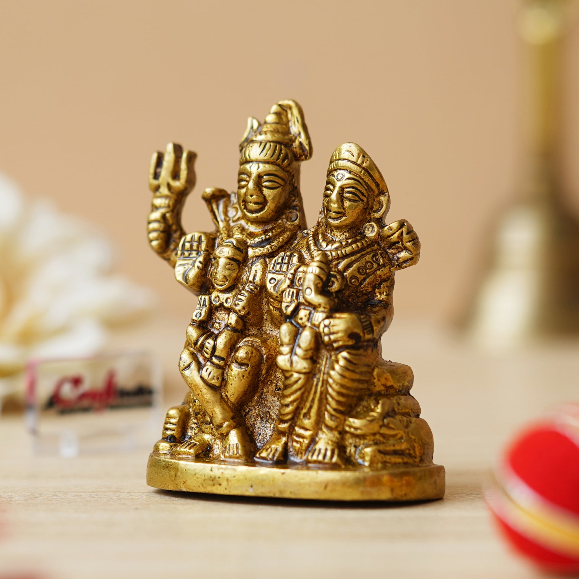Golden Brass Shiv Parivar Murti Idol - Lord Shiva, Parvati, Ganesha, Kartikeya Statue for Home Temple, Car Dashboard 5