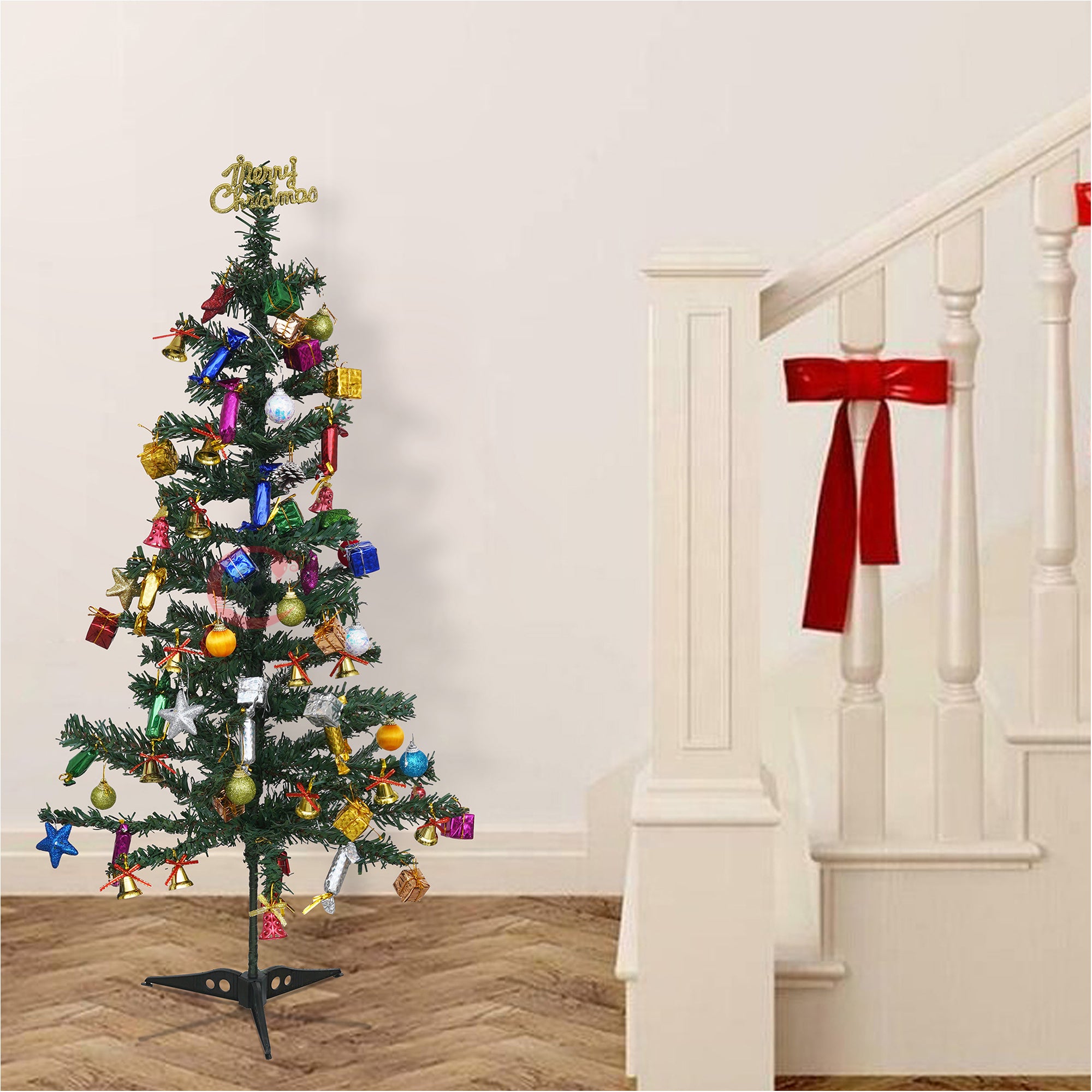 eCraftIndia 4 Feet Green Artificial Christmas Tree Xmas Pine Tree with Stand and 60 Christmas Decoration Ornaments Props - Merry Christmas Decoration Item for Home, Office, and Church 1