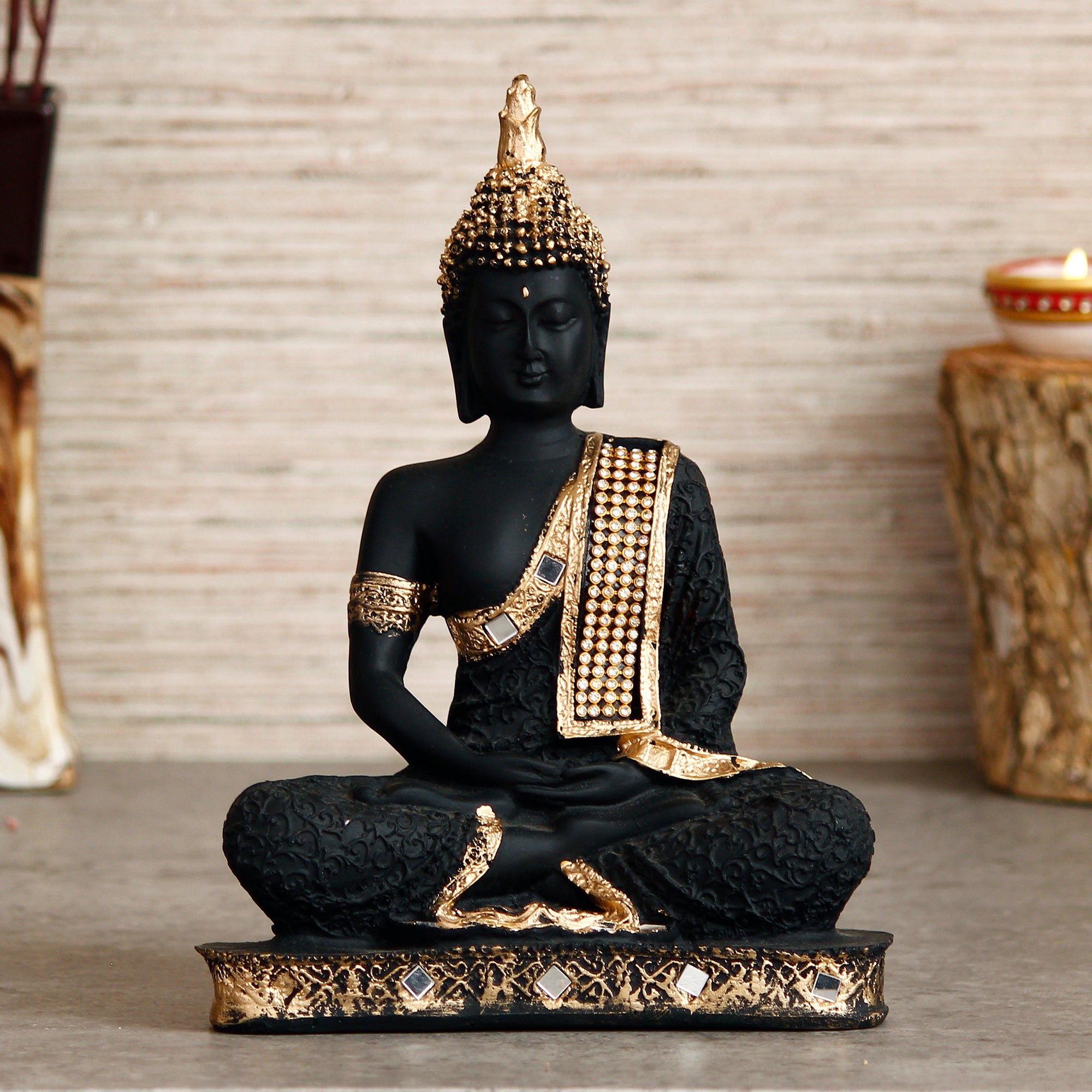 Polyresin Orange and Black Meditating Buddha Statue 6