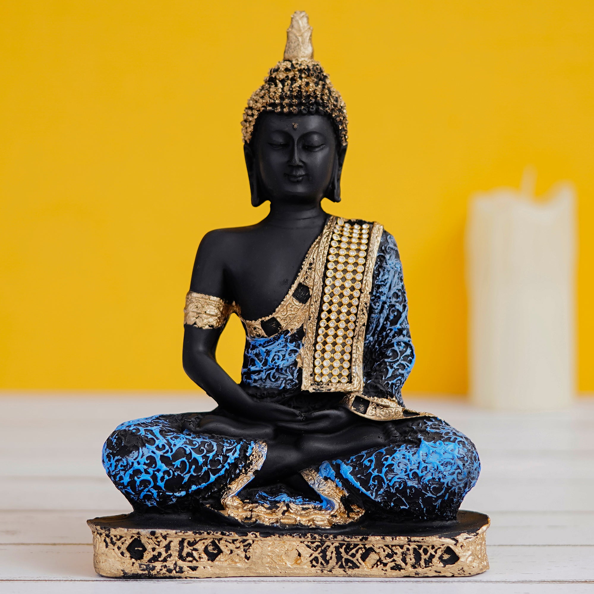 Polyresin Orange and Black Meditating Buddha Statue 9