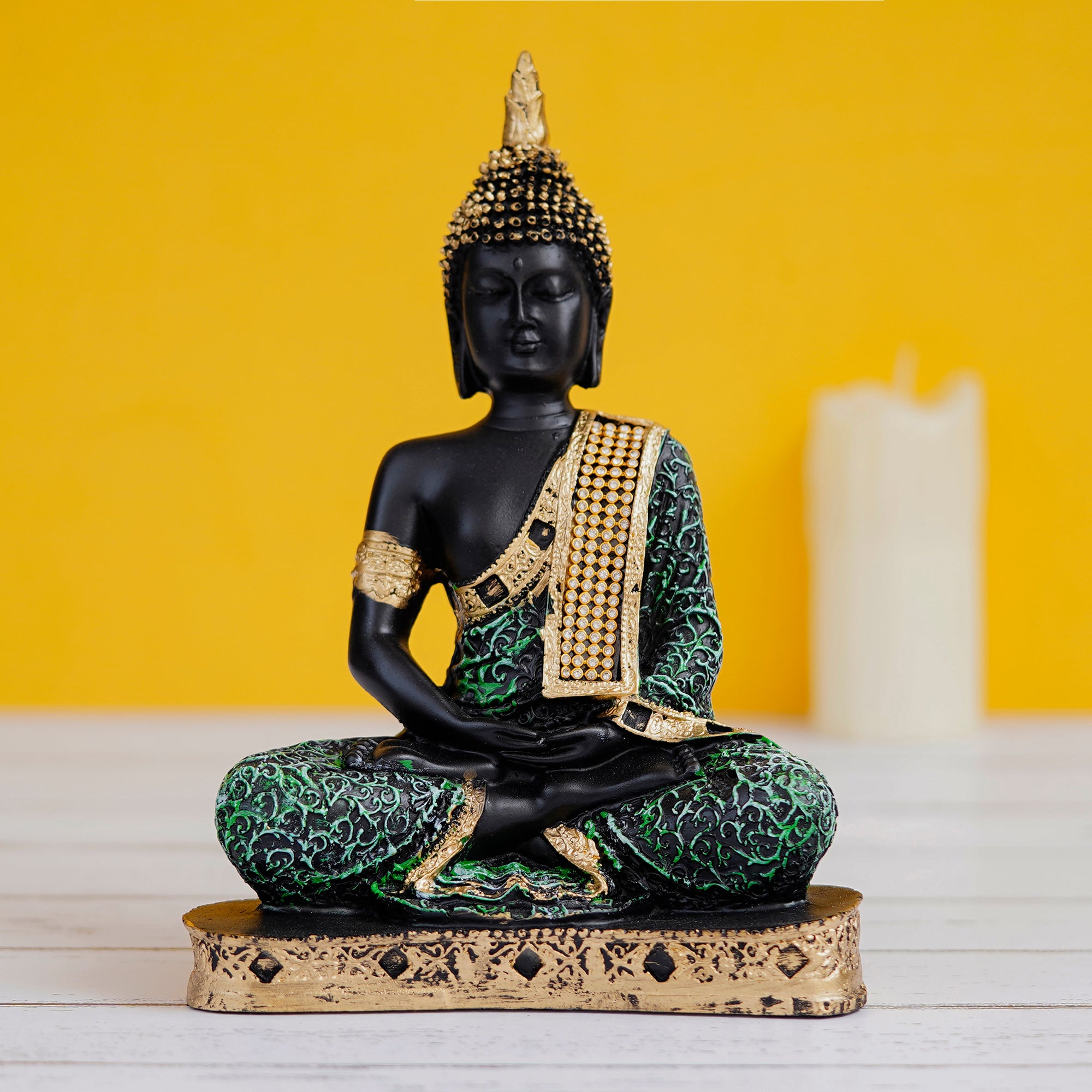 Polyresin Orange and Black Meditating Buddha Statue 8
