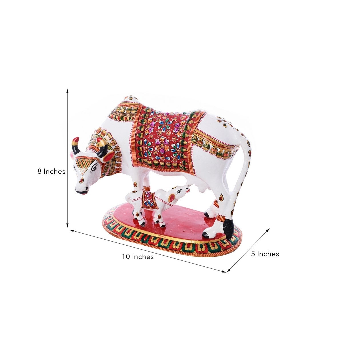 Meenakari Metal Colorful Cow And Calf statue (White, Red and Green) 2