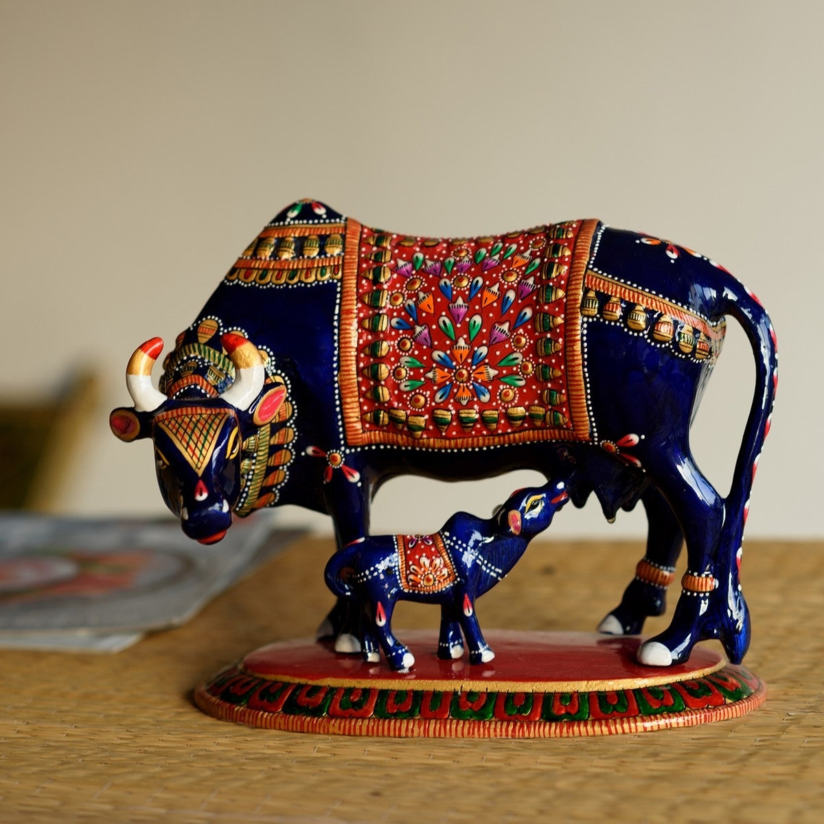Meenakari Metal Blue and Red Cow And Calf statue