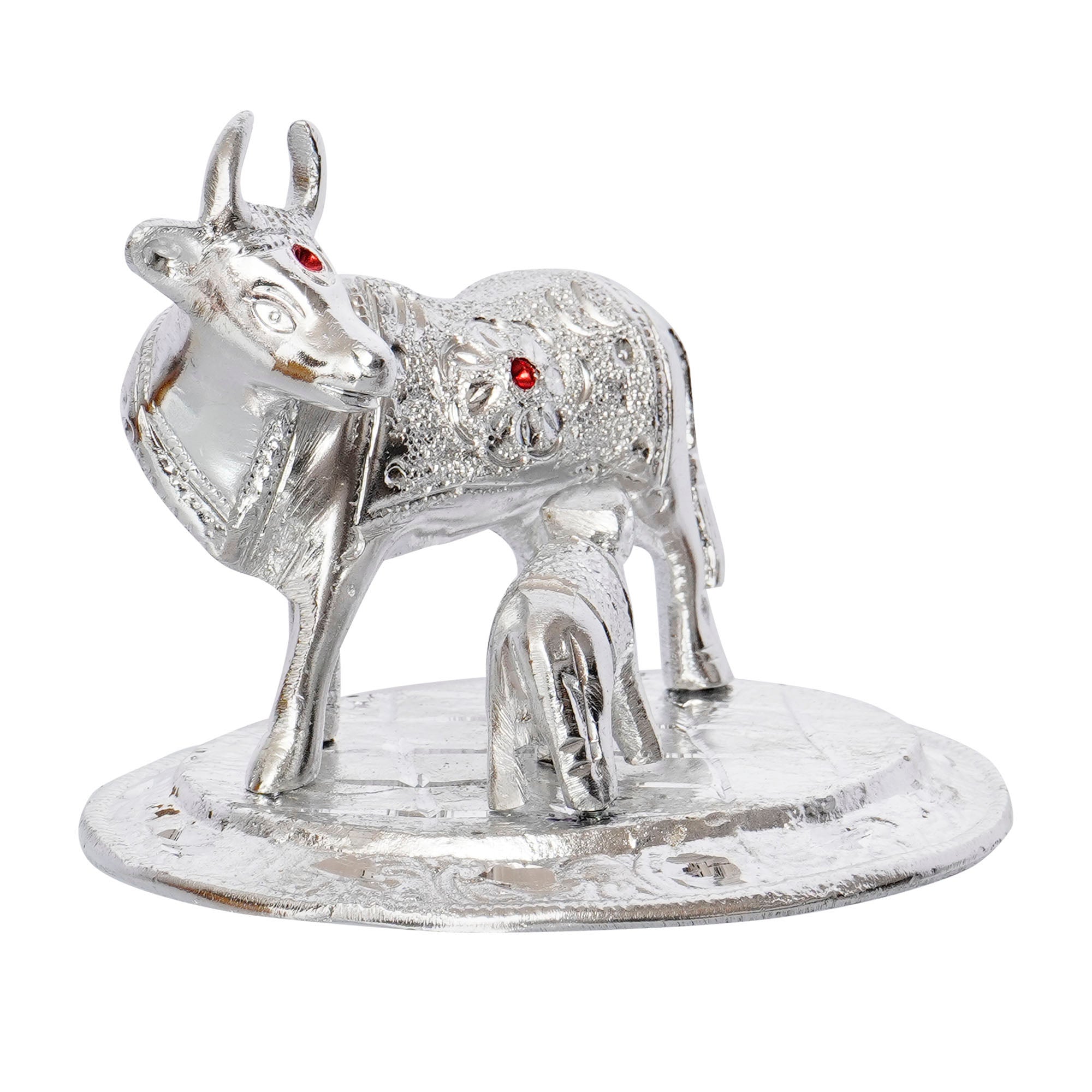 Silver White Metal Decorative Kamdhenu Cow with Calf Statue 4