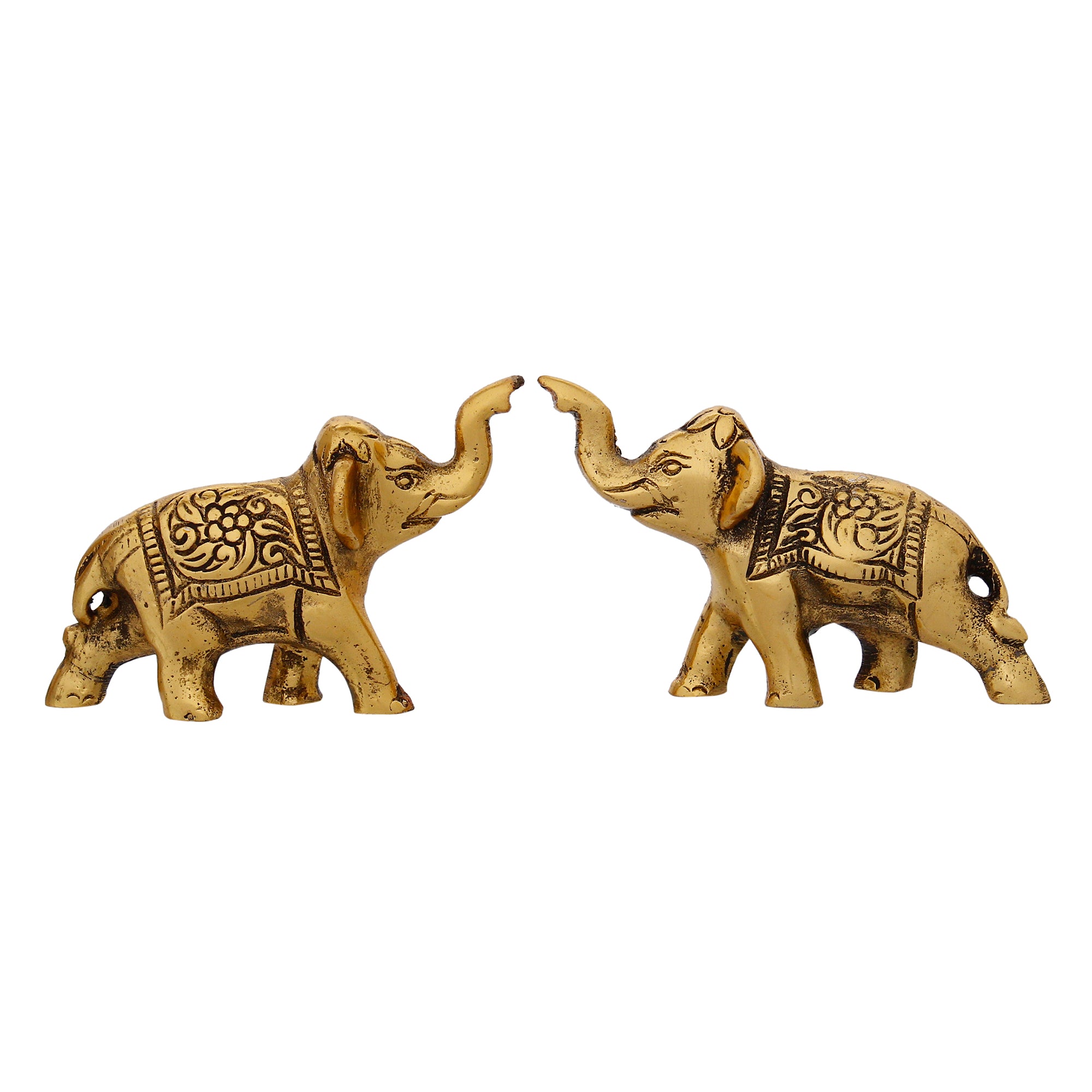 Set of 2 Golden Metal Elephants Statue, Animal Figurine Decorative Showpiece 3