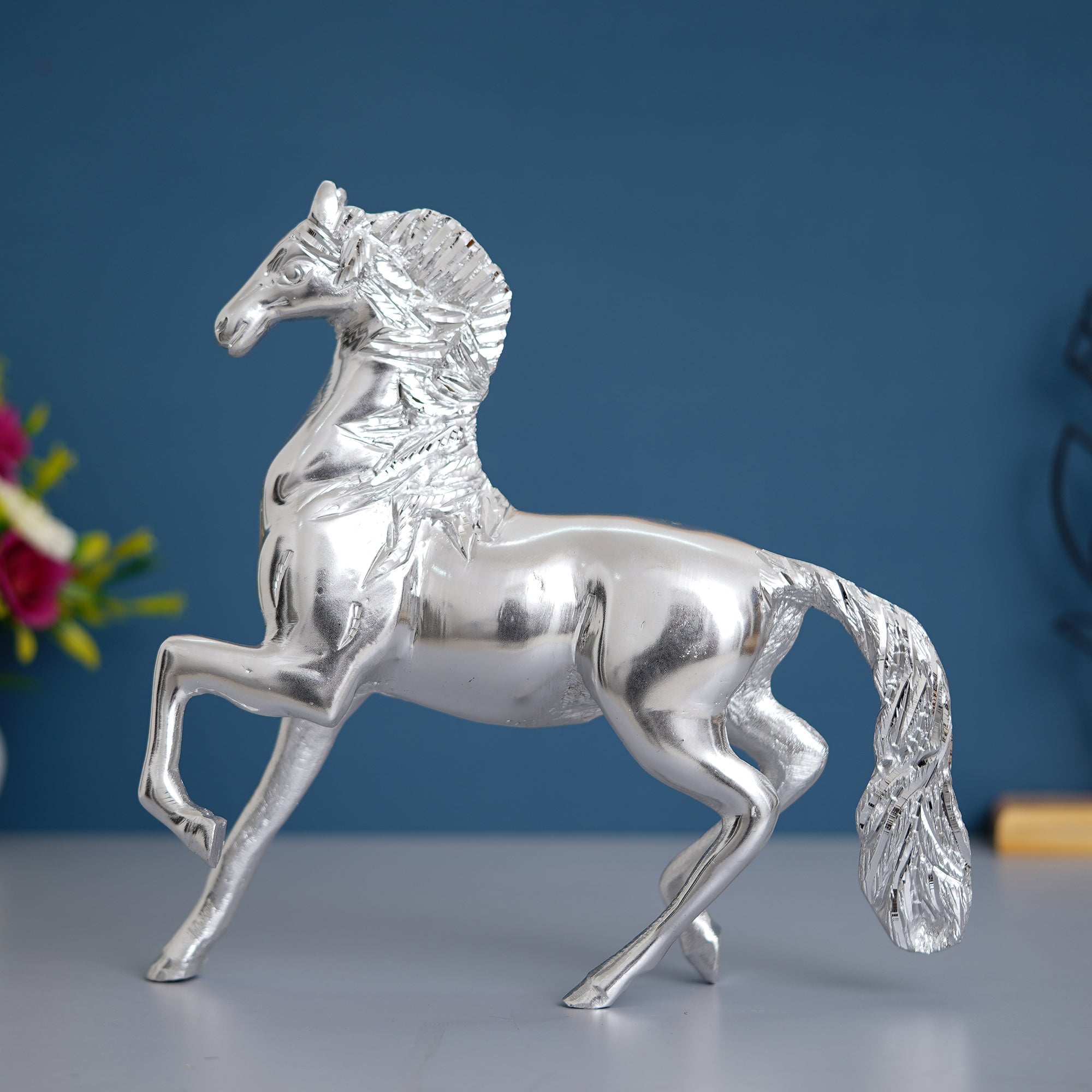 White Metal Silver Running Horse Statue Showpiece 4
