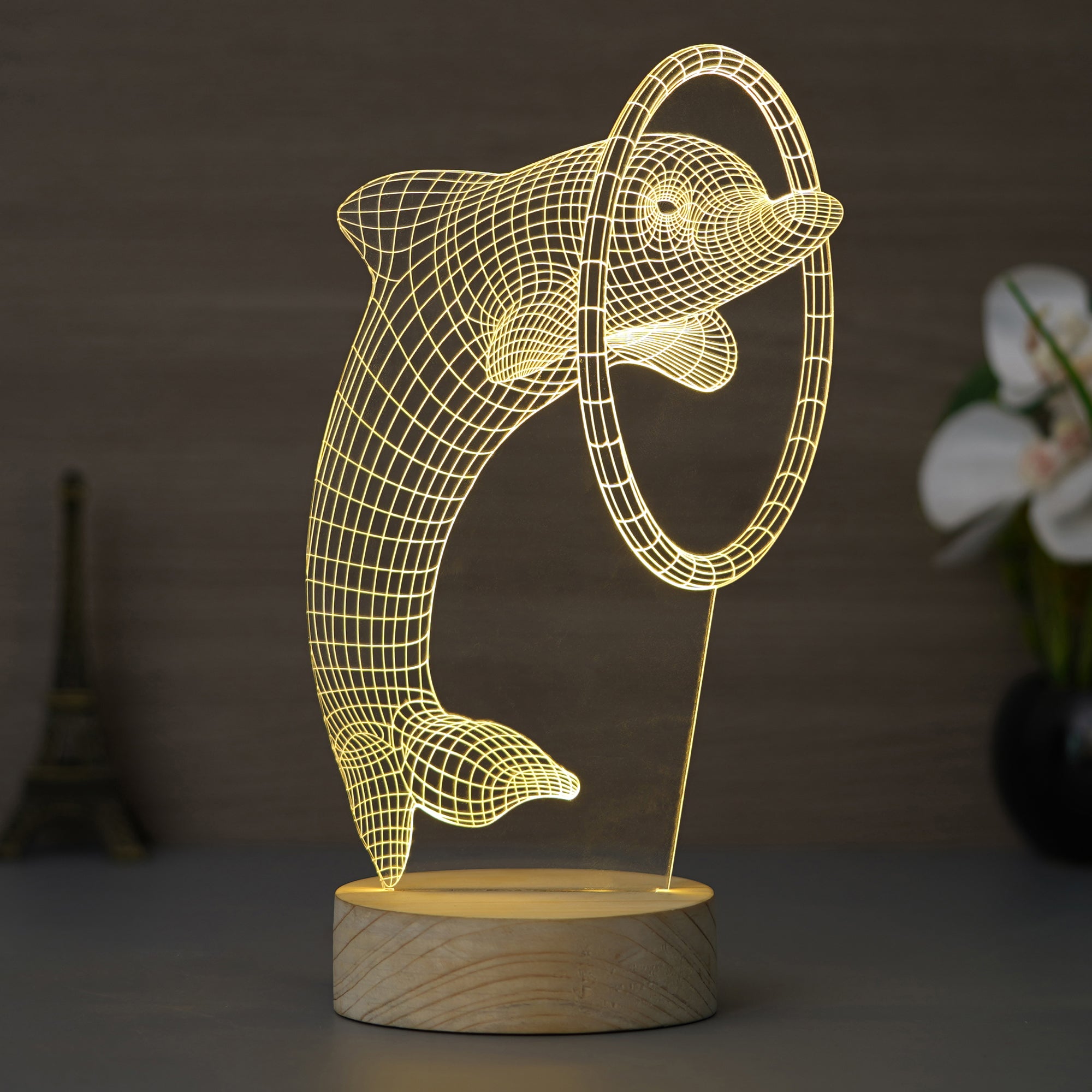 Dolphin Design Carved on Acrylic & Wood Base Night Lamp