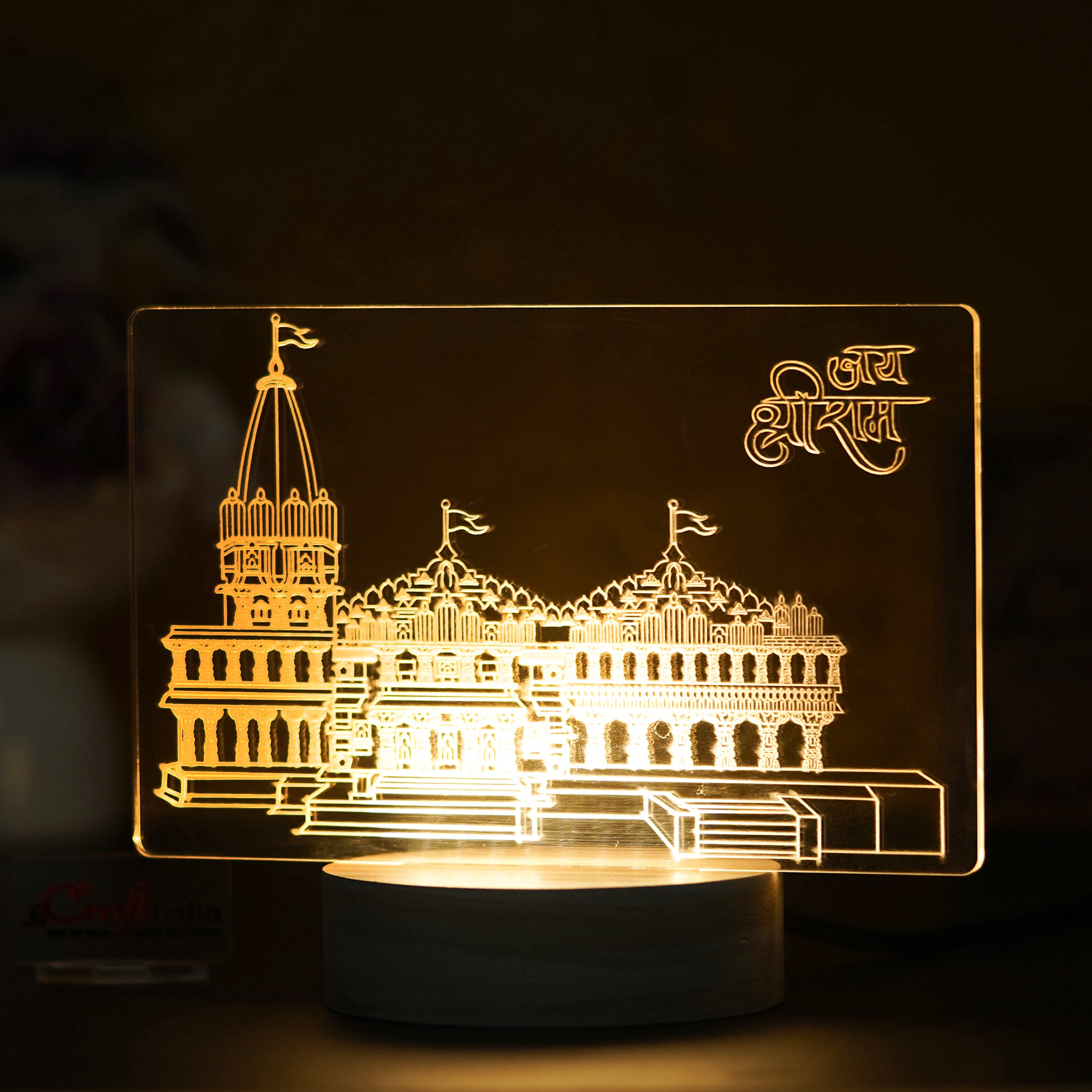 eCraftIndia Acrylic & Wood Base Shri Ram Mandir Ayodhya Temple Design Decorated Table Lamp for Home Temple, Decor, and Spiritual Gifting 7