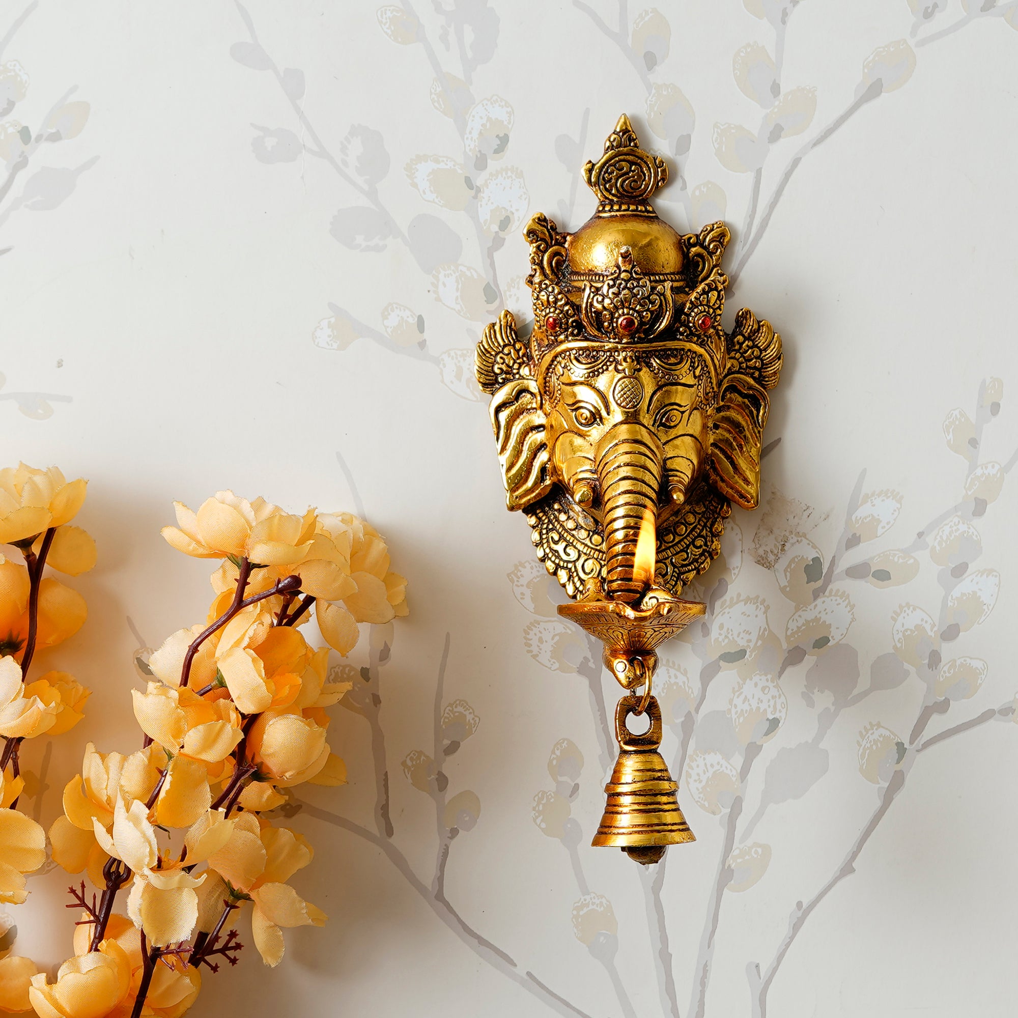 Golden Metal Lord Ganesha Wall Hanging Diya With Bell