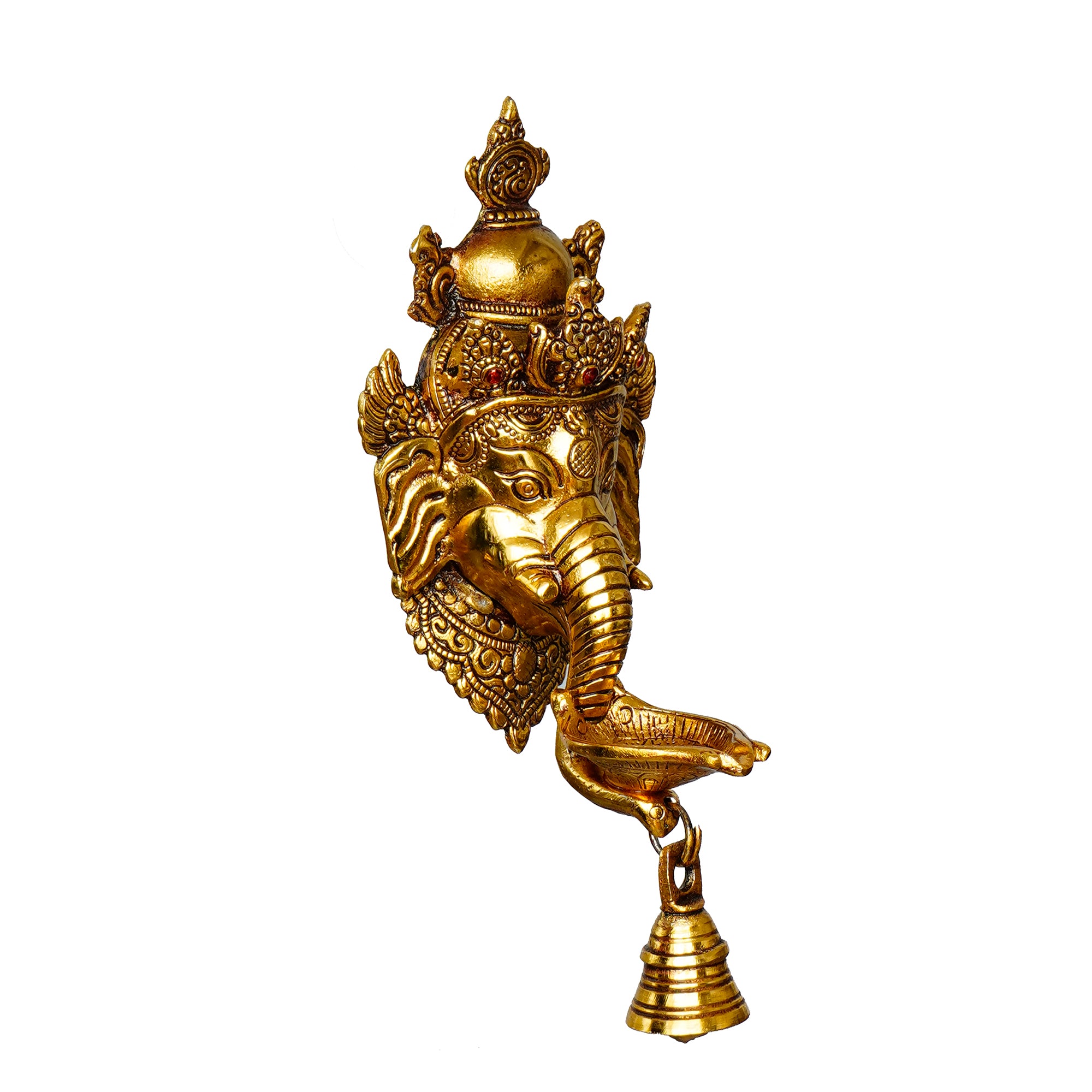 Golden Metal Lord Ganesha Wall Hanging Diya With Bell 2