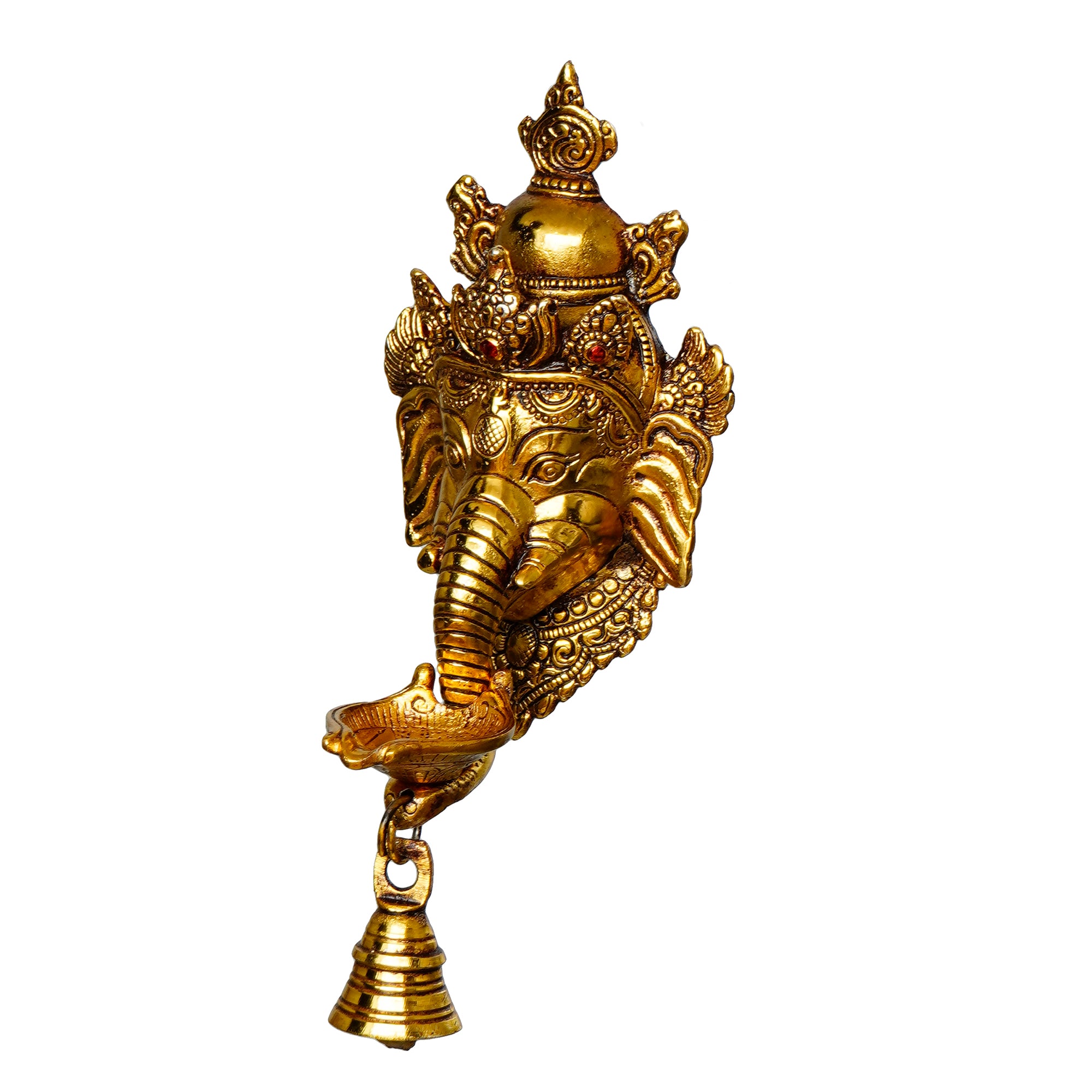 Golden Metal Lord Ganesha Wall Hanging Diya With Bell 4