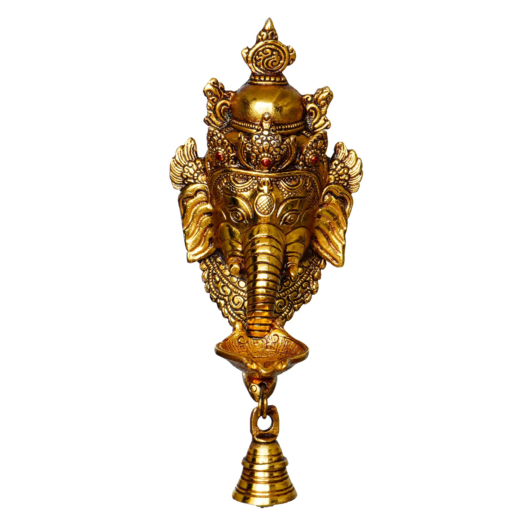 Golden Metal Lord Ganesha Wall Hanging Diya With Bell 5