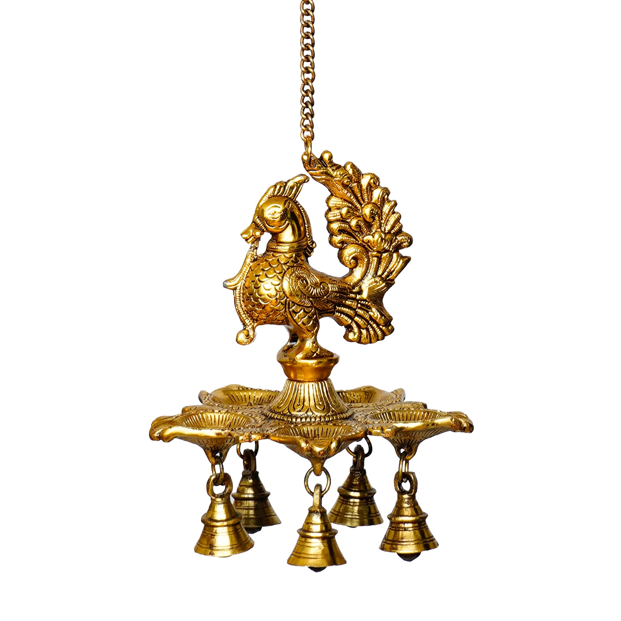Five Wicks Decorative Peacock Diya With Bell Metal Wall Hanging With Chain 2