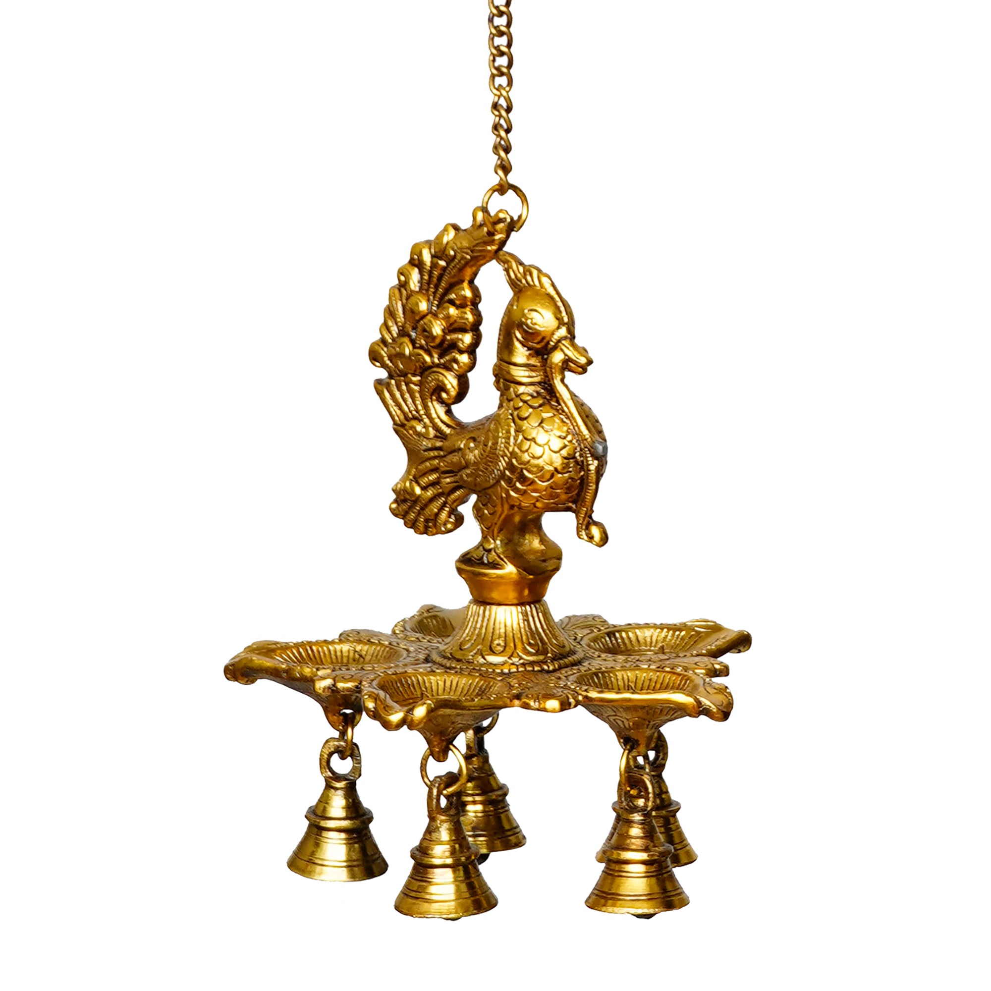 Five Wicks Decorative Peacock Diya With Bell Metal Wall Hanging With Chain 4