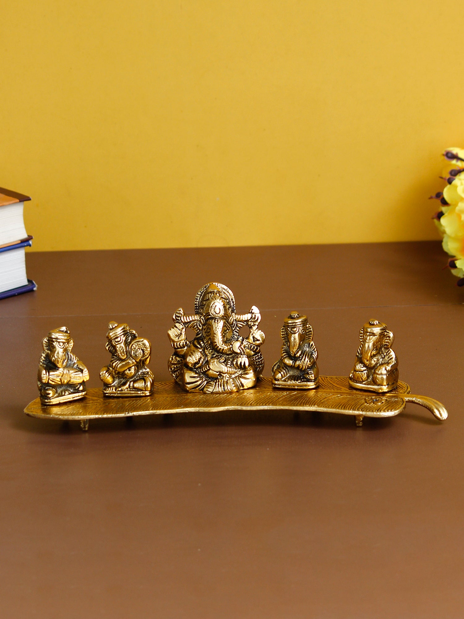 Set Of 5 Golden Musical Lord Ganesha Idols On Leaf Handicrafted Showpiece