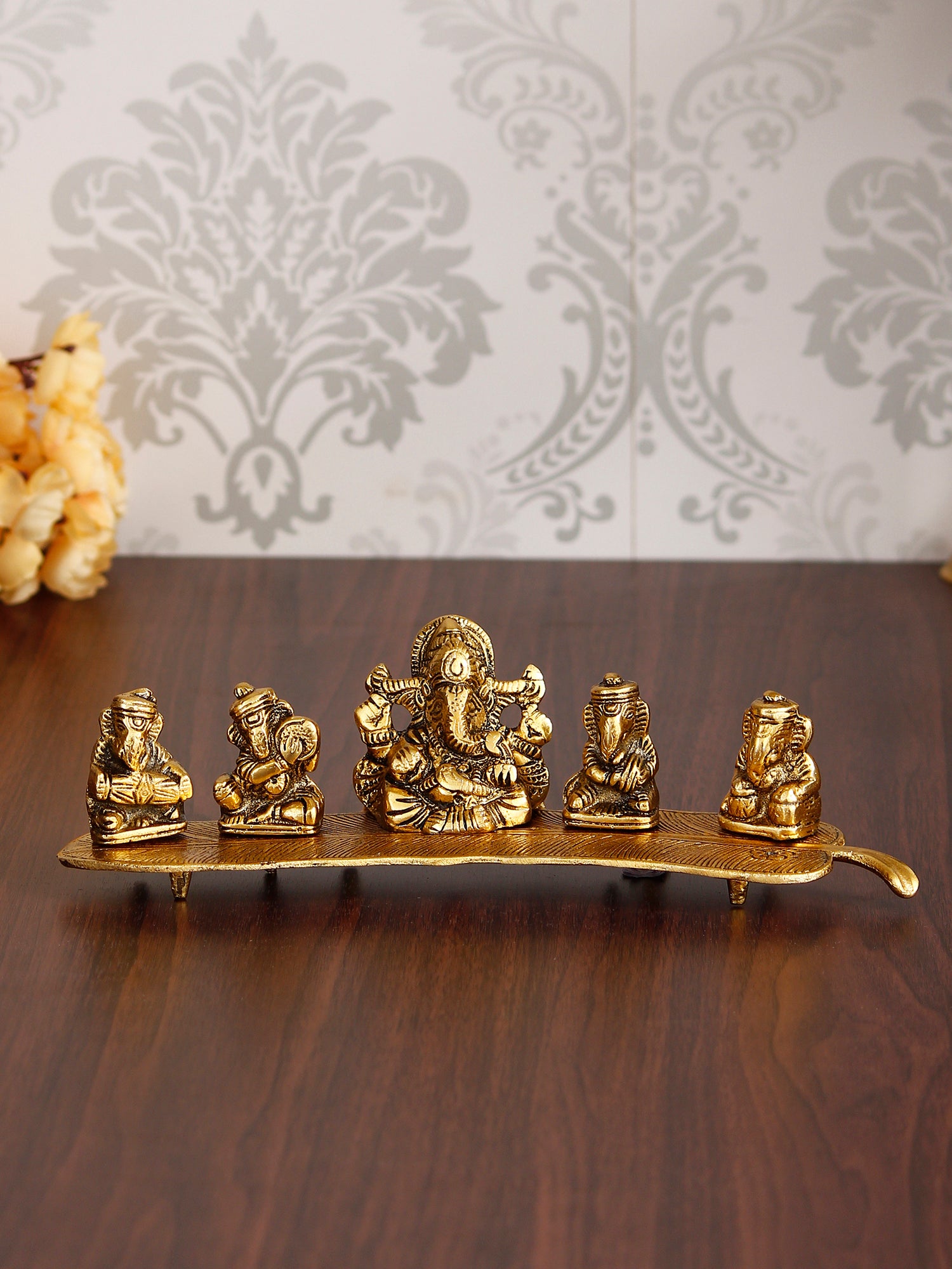 Set Of 5 Golden Musical Lord Ganesha Idols On Leaf Handicrafted Showpiece 1