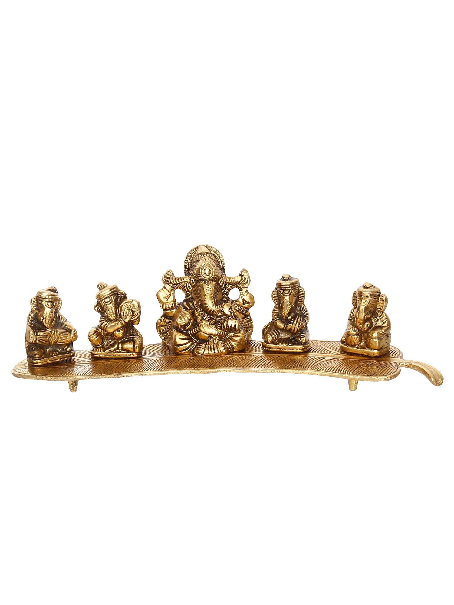 Set Of 5 Golden Musical Lord Ganesha Idols On Leaf Handicrafted Showpiece 2