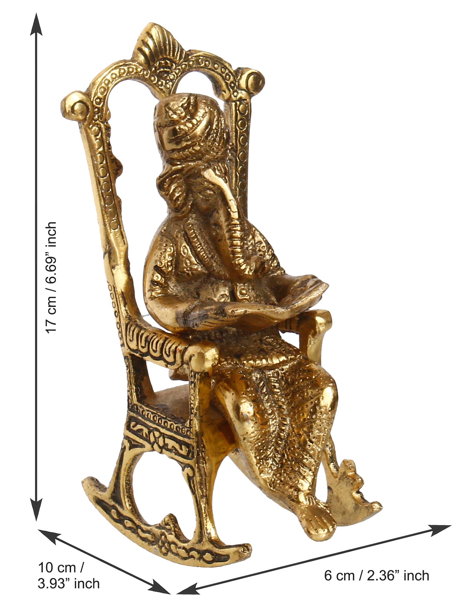 Golden Metal Lord Ganesha Idol Reading Book on Rocking Chair 3