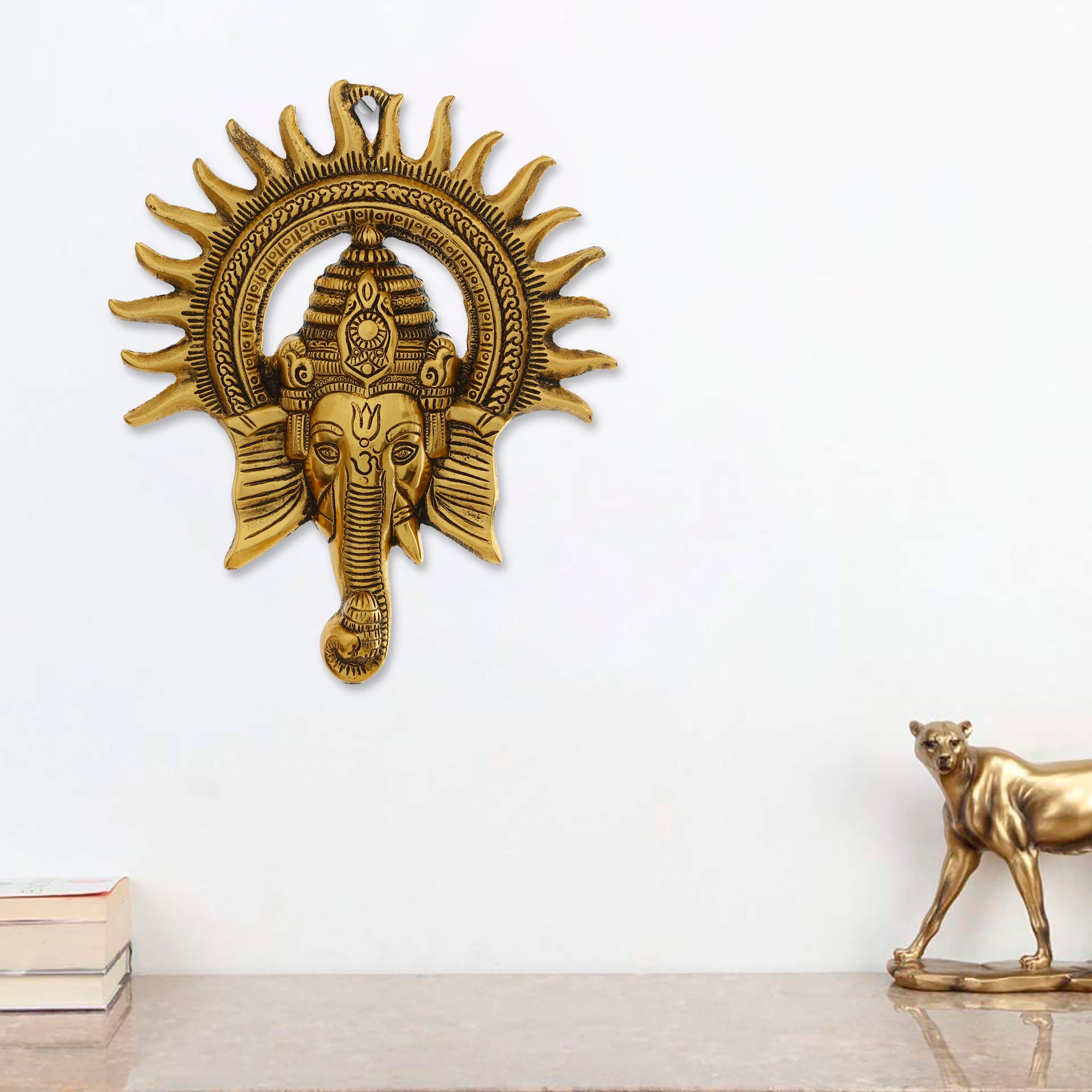 Golden Lord Ganesha with Sun Decorative Metal Wall Hanging Art 1