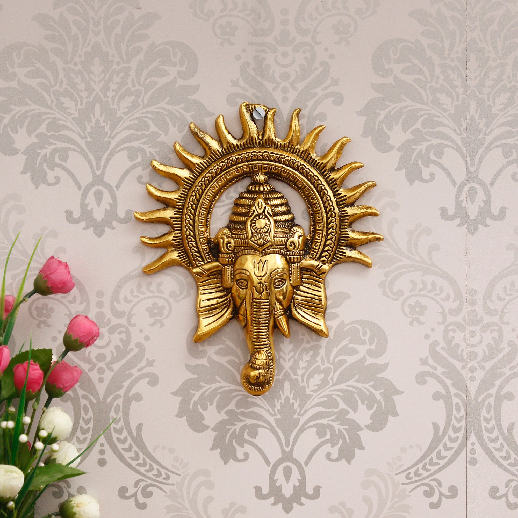 Golden Lord Ganesha with Sun Decorative Metal Wall Hanging Art
