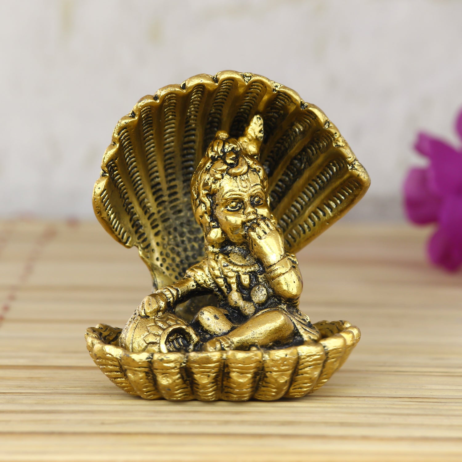 Golden Metal Bal Gopal Krishna Statue having Makhan
