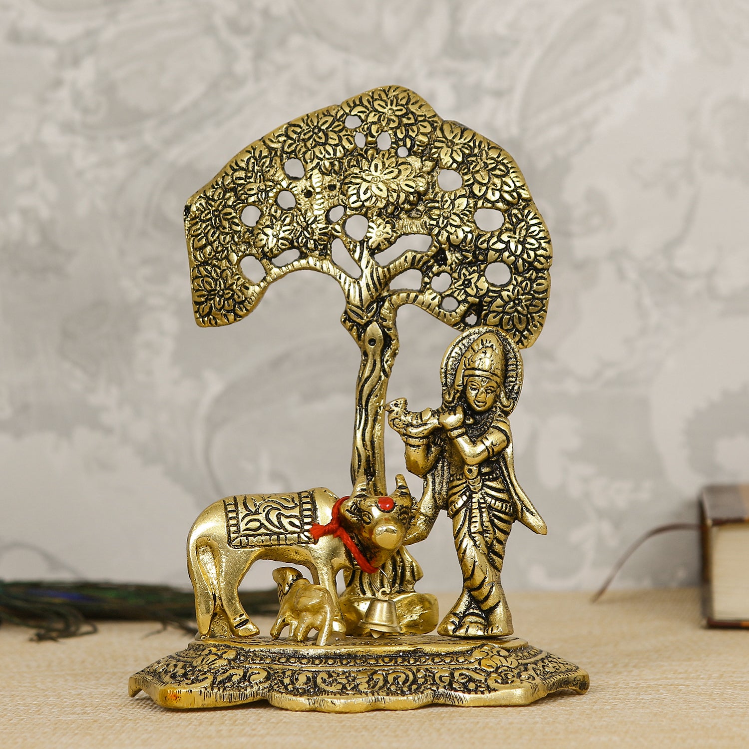Golden Lord Krishna Idol playing Flute under Tree with Cow and Calf 1
