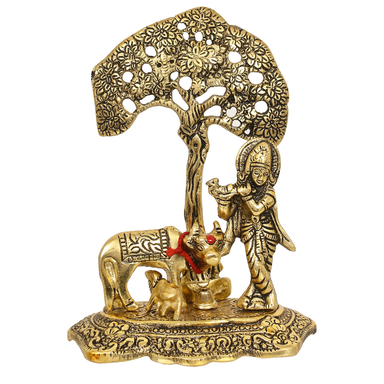 Golden Lord Krishna Idol playing Flute under Tree with Cow and Calf 2