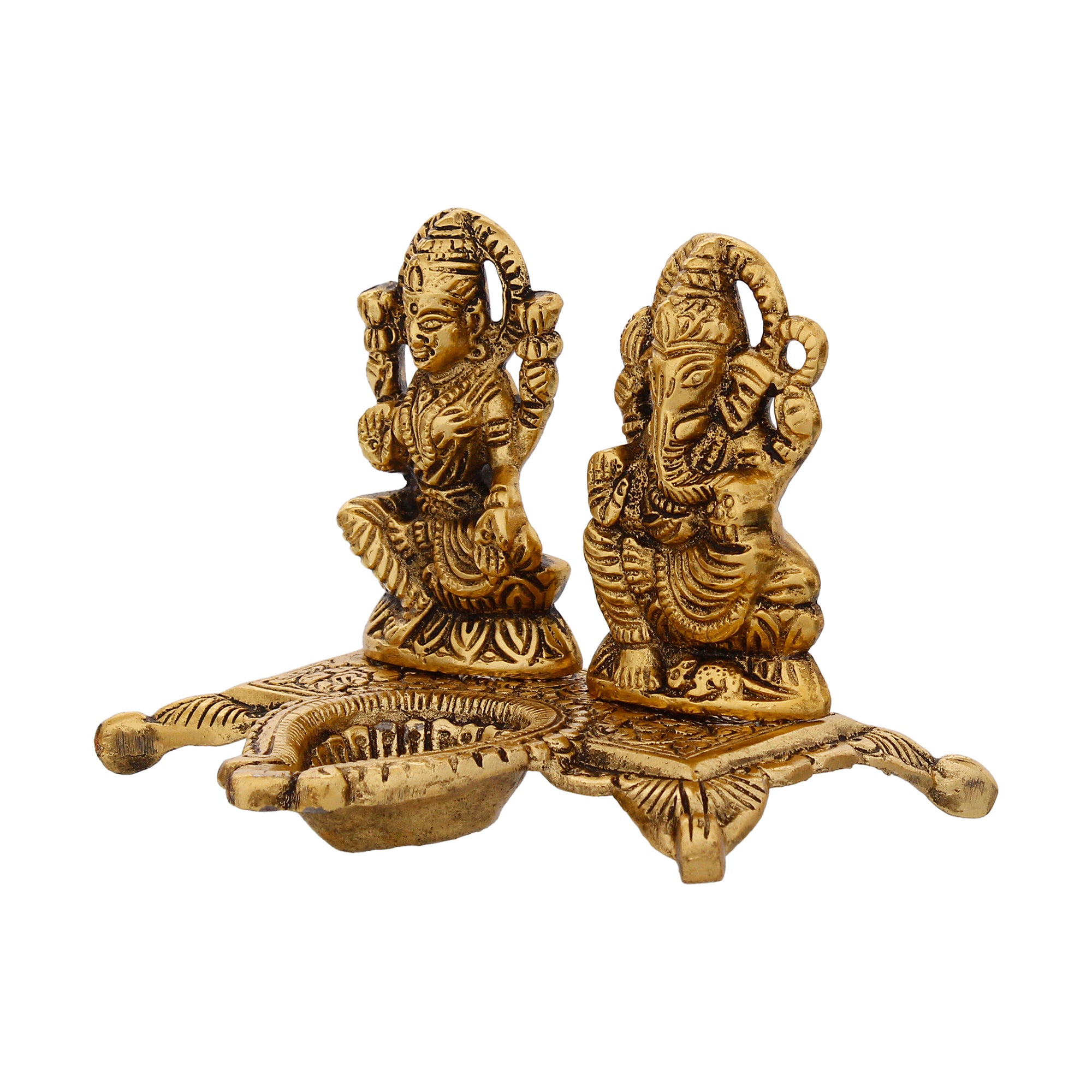 Golden Goddess Laxmi With Lord Ganesha Idol and Decorative Diya Metal Showpiece 5