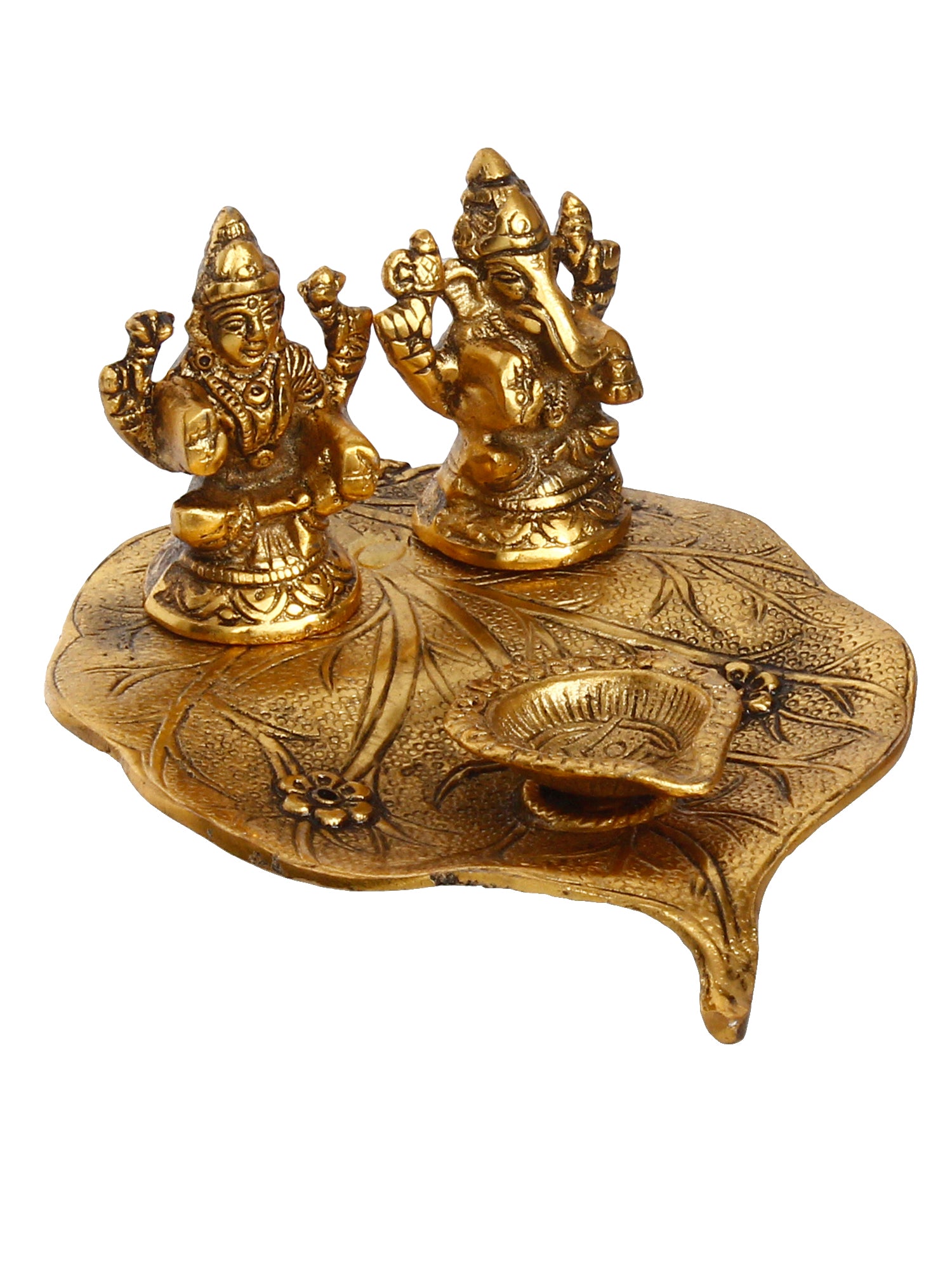 Golden Metal Handcrafted Laxmi Ganesha Idols with Diya on Leaf 2
