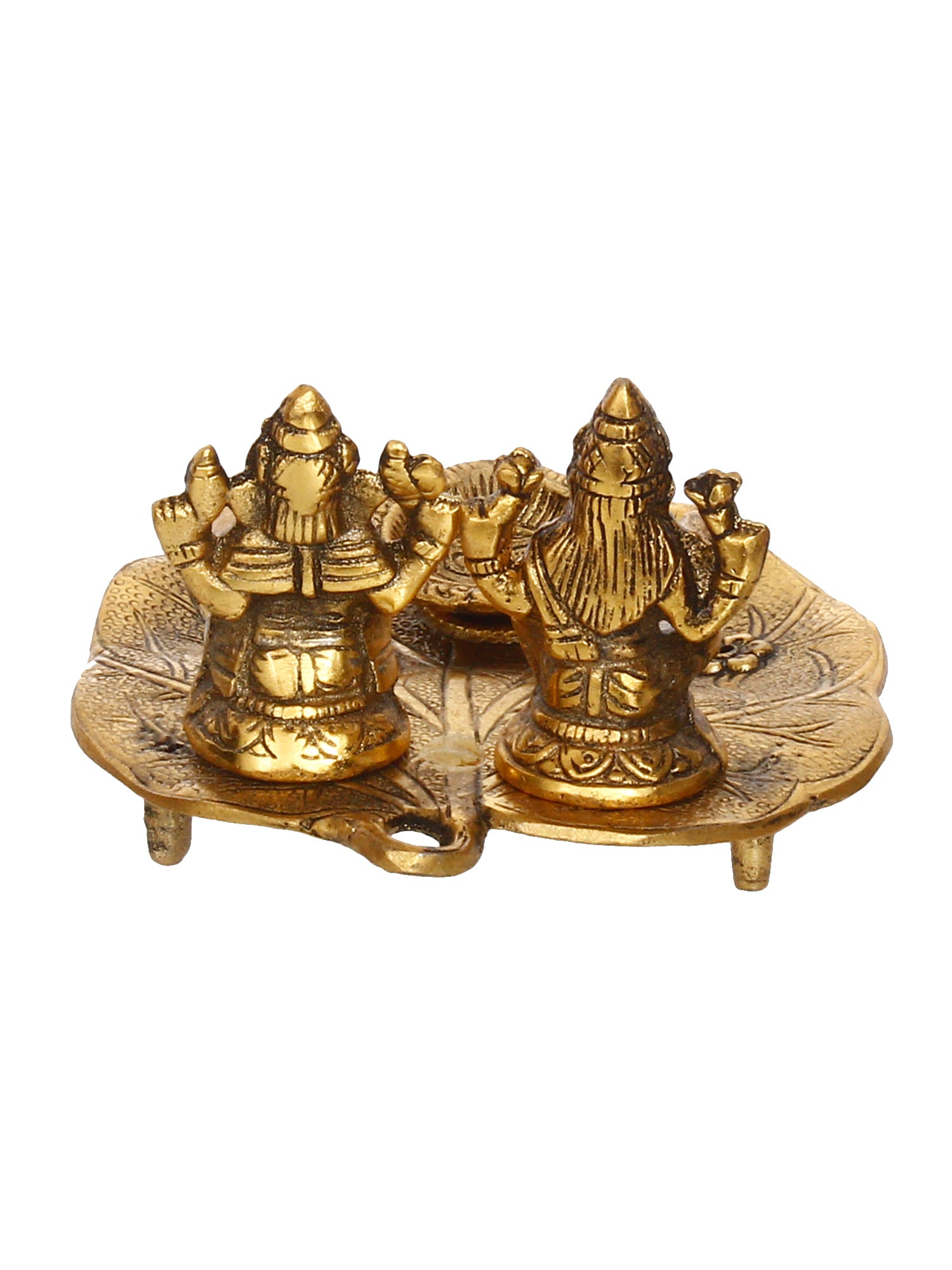 Golden Metal Handcrafted Laxmi Ganesha Idols with Diya on Leaf 5