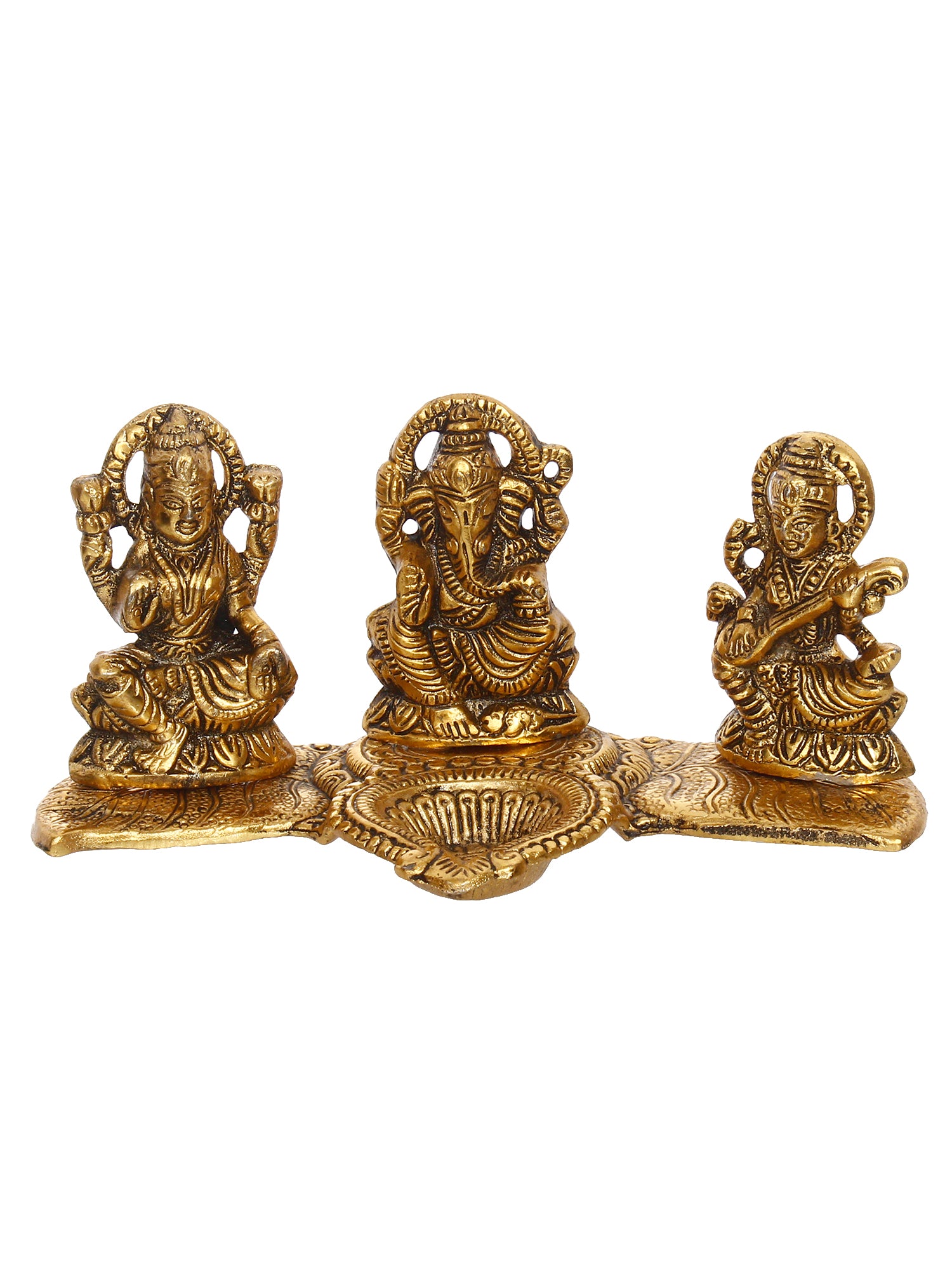 Gold Metal Handcrafted Laxmi Ganesha Saraswati Idols with Diya on Leaf Chowki 2