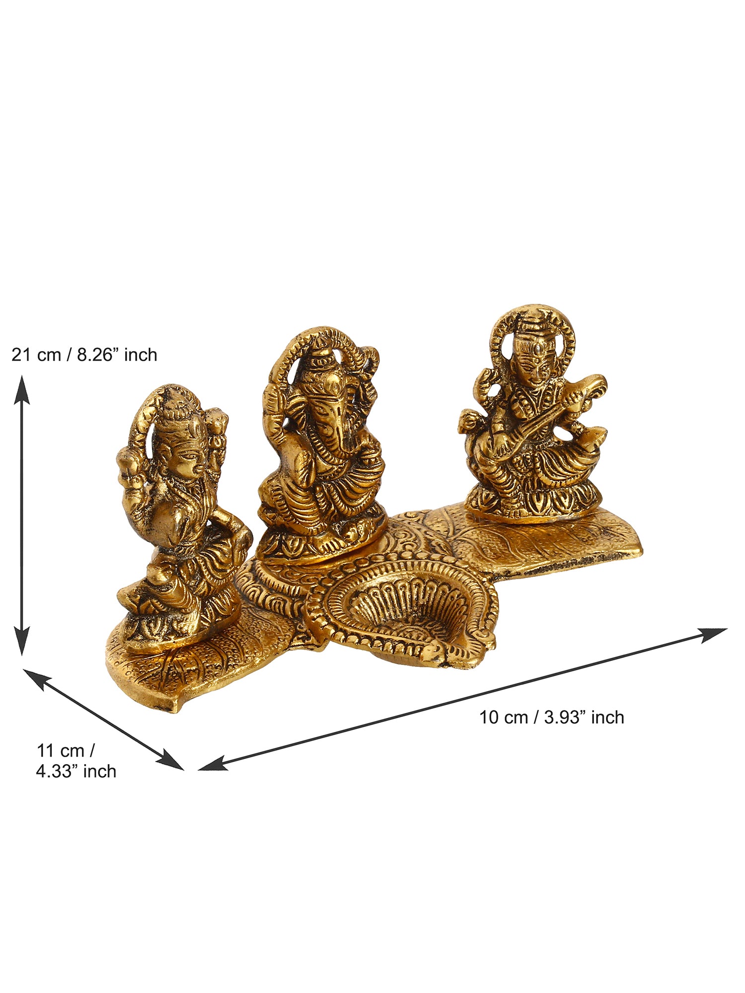 Gold Metal Handcrafted Laxmi Ganesha Saraswati Idols with Diya on Leaf Chowki 3