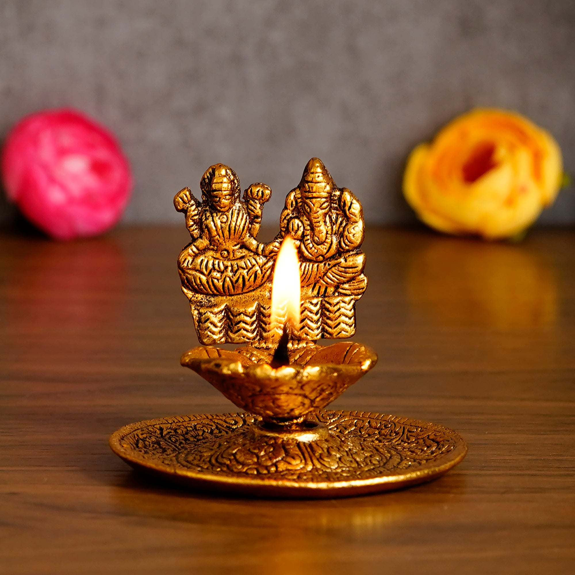 Goddess Laxmi & Lord Ganesha Golden Metal Diya 1