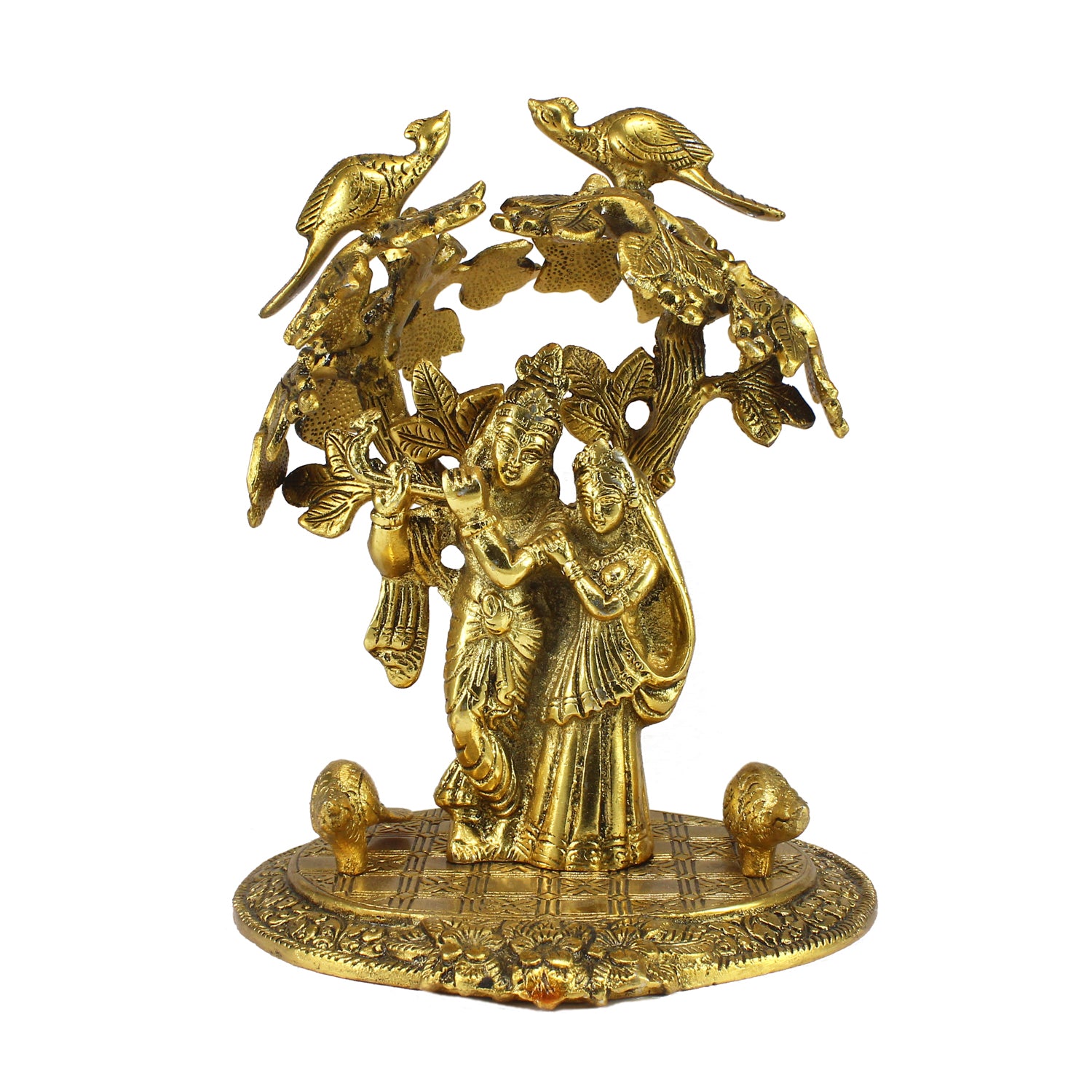 Golden Metal Radha Krishna Statue Standing under Tree 1