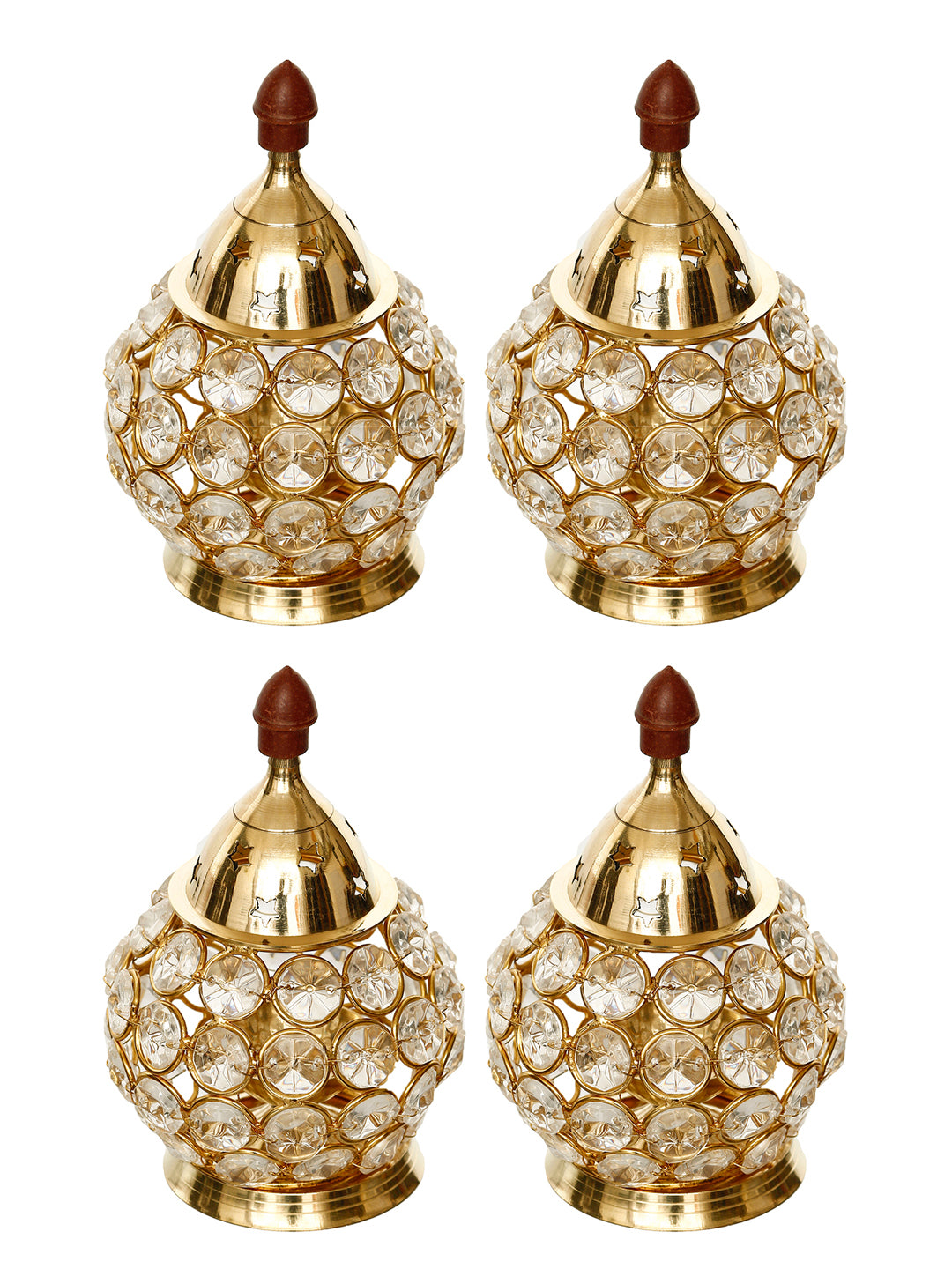 eCraftIndia Set of 4 Designer Golden Brass Crystal Akhand Diyas