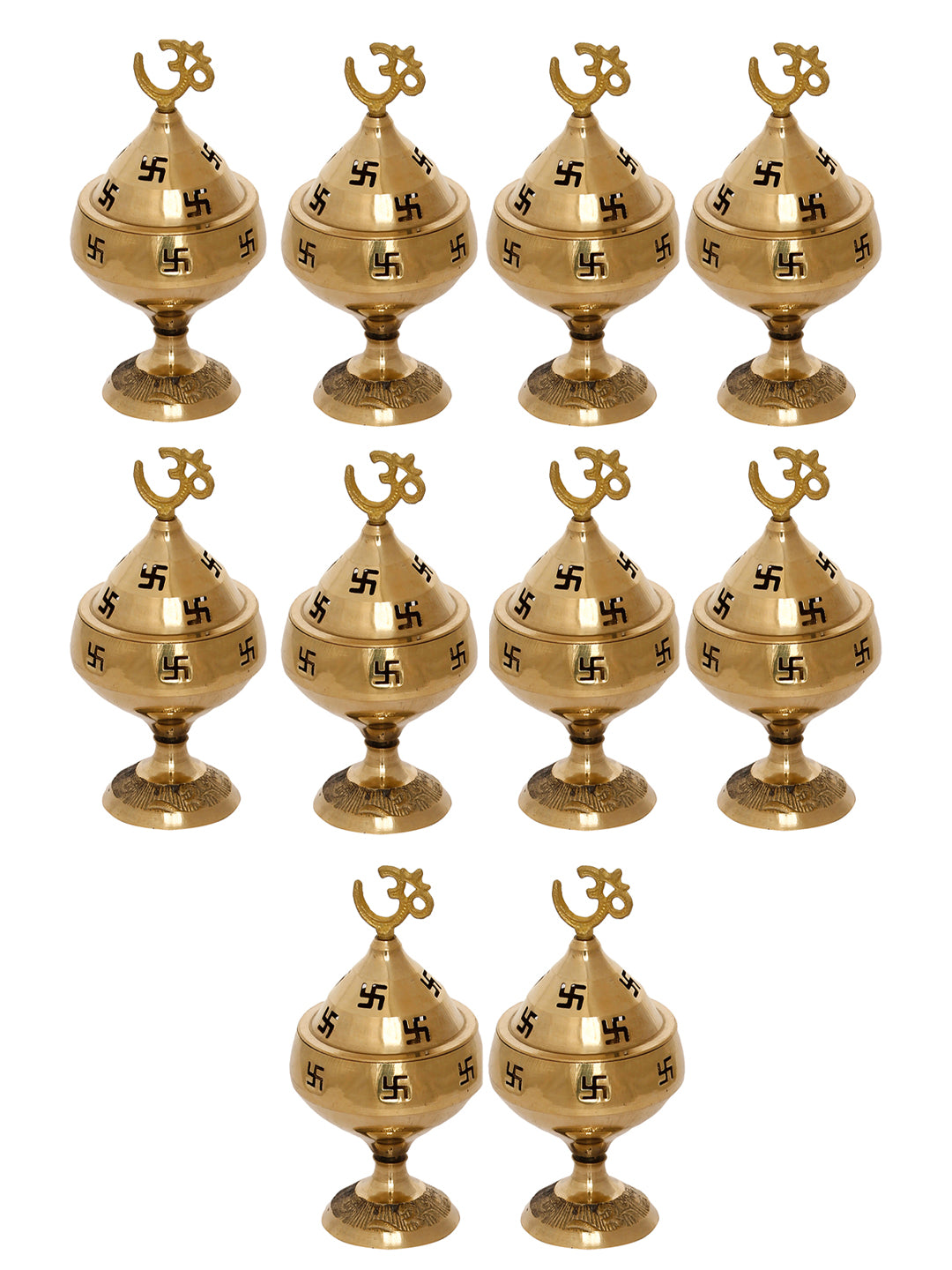 eCraftIndia Golden Om and Swastik Symbol Decorative Akhand Brass Diyas (Set of 10)