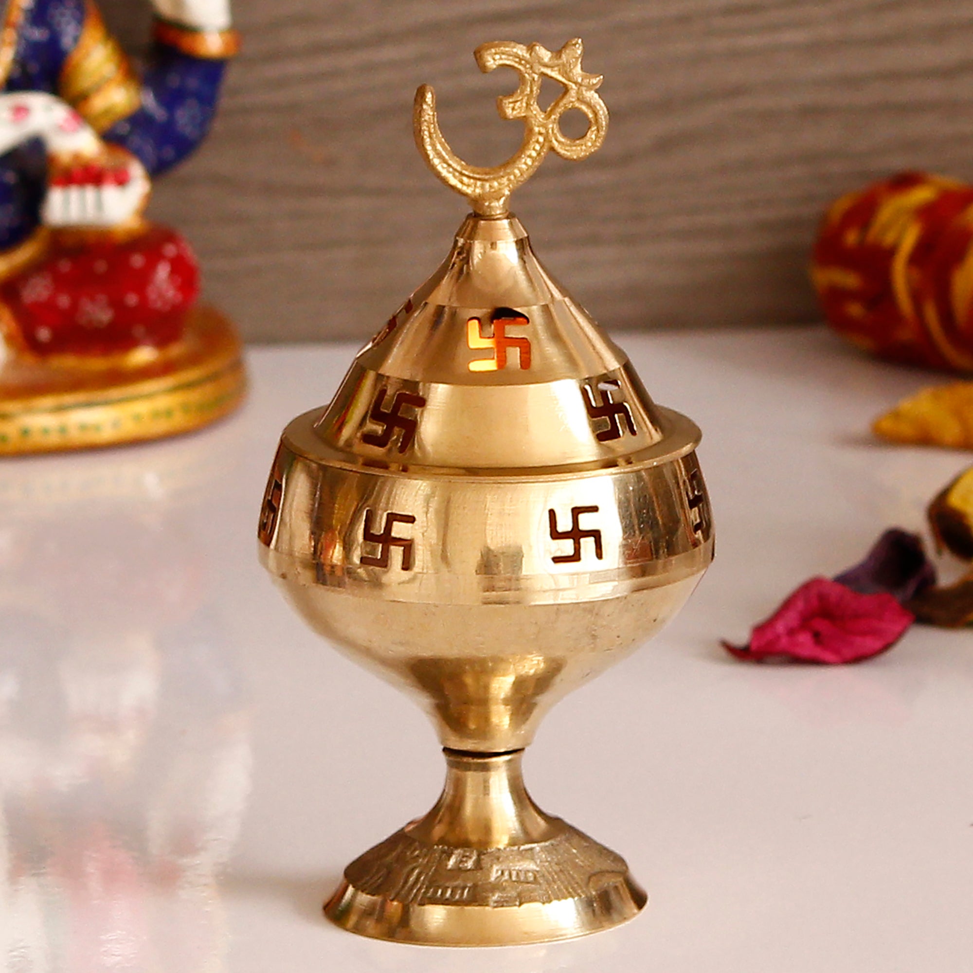 eCraftIndia Golden Om and Swastik Symbol Decorative Akhand Brass Diyas (Set of 10) 1