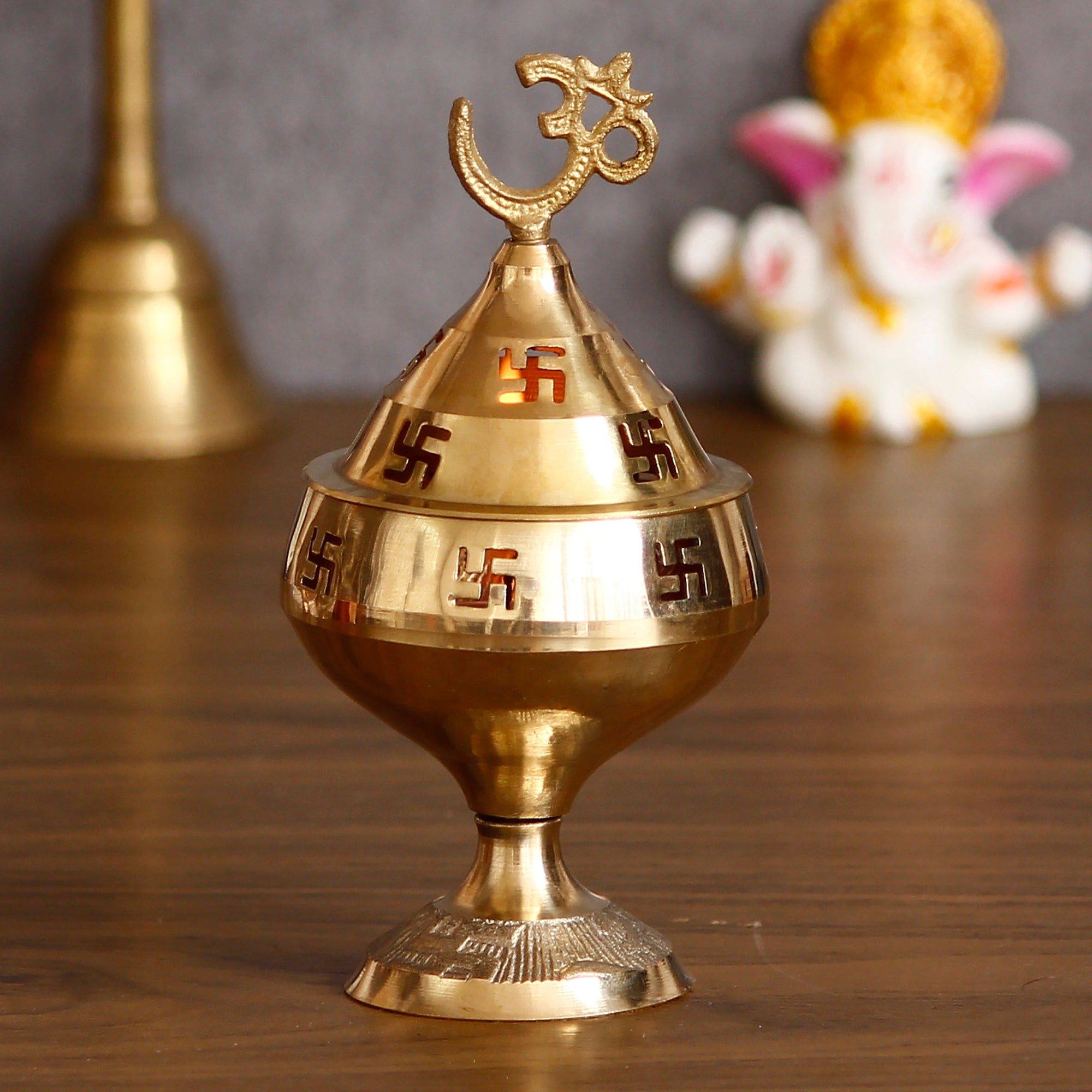 eCraftIndia Golden Om and Swastik Symbol Decorative Akhand Brass Diyas (Set of 10) 2