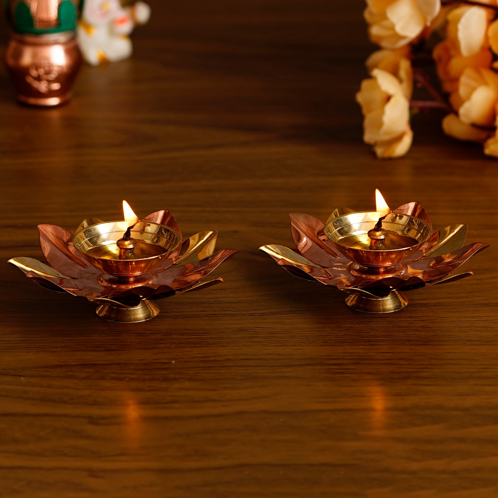 Golden Lotus Floral Shape Decorative Metal Diyas Set of 2 1