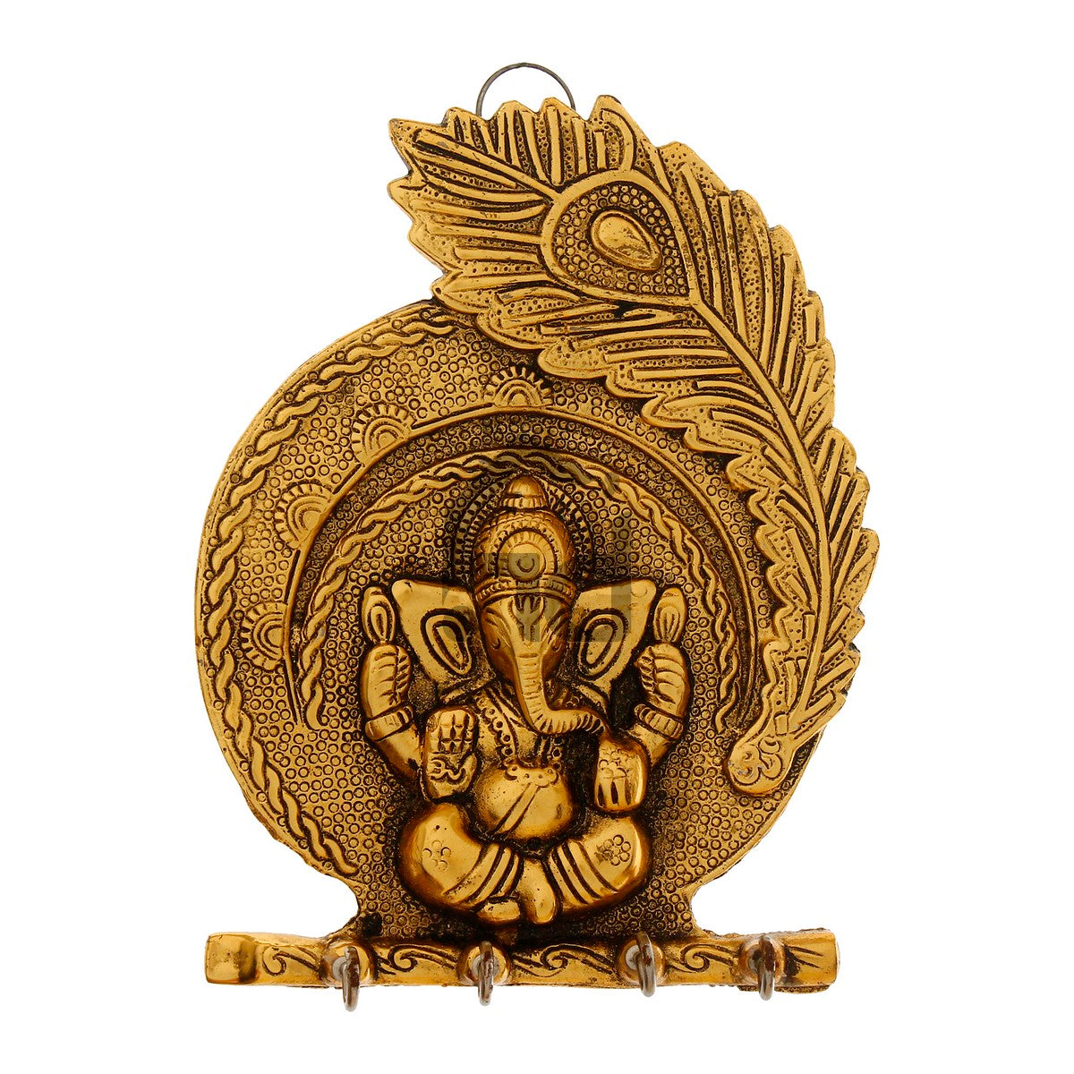 Golden Lord Ganesha Mor Pankh 4 Hooks Metal Key Holder 1