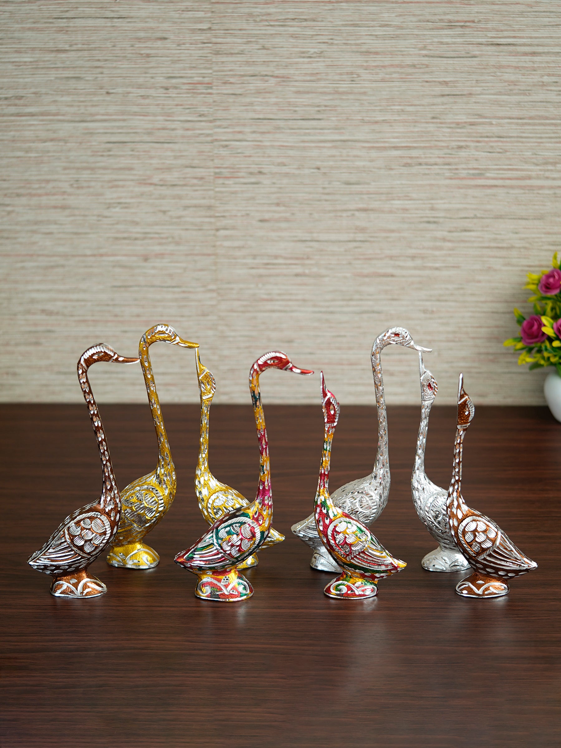 eCraftIndia Set of Four Kissing Swan Couple Handcrafted Decorative showpiece(Colorful, Golden, Silver,Brown)